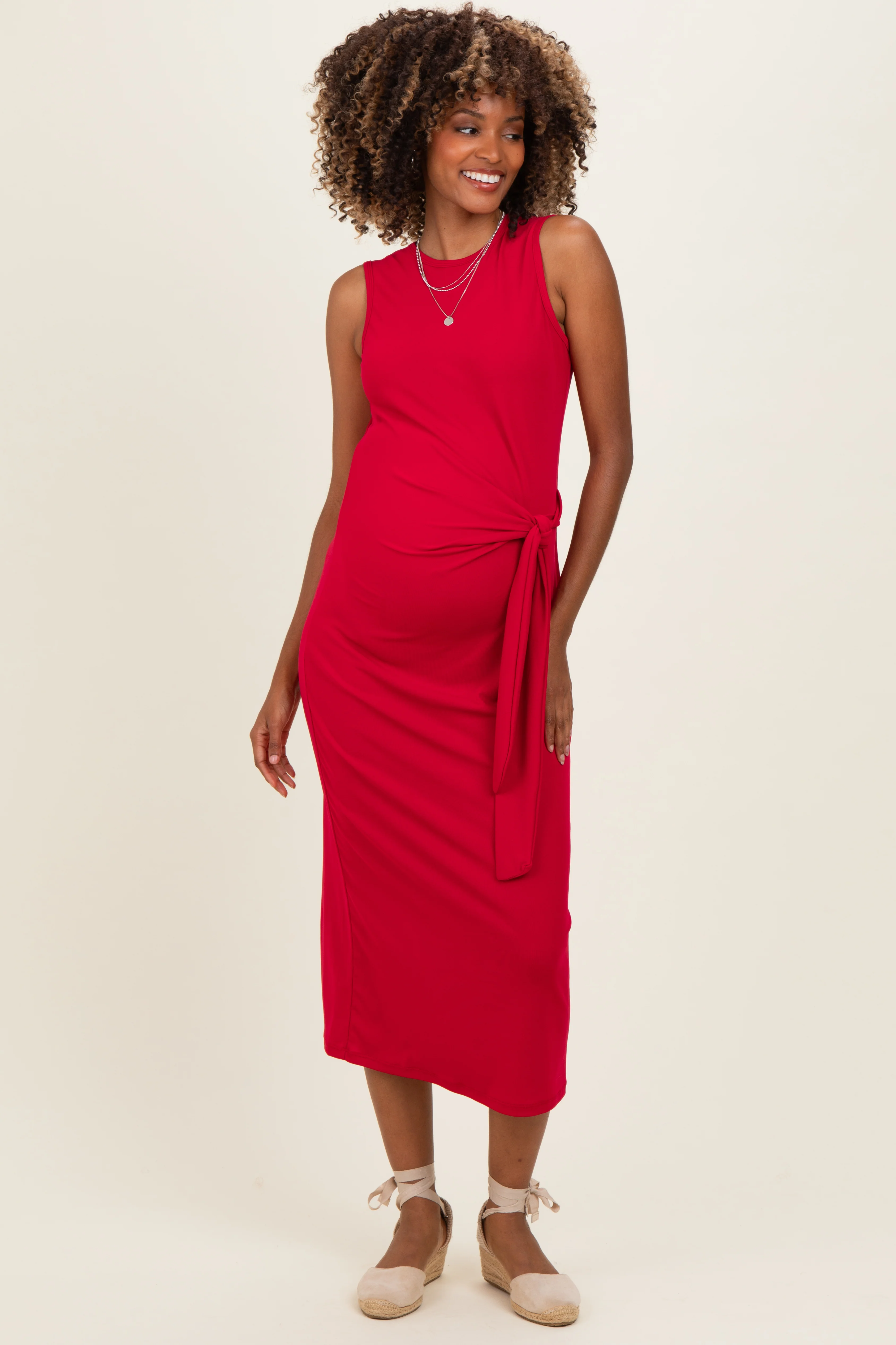 Fuchsia Sleeveless Waist Tie Maternity Midi Dress