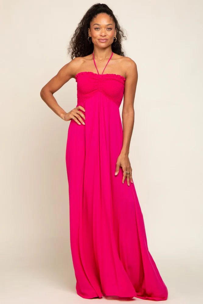 Fuchsia Smocked Halter Maternity Maxi Dress - Image 6