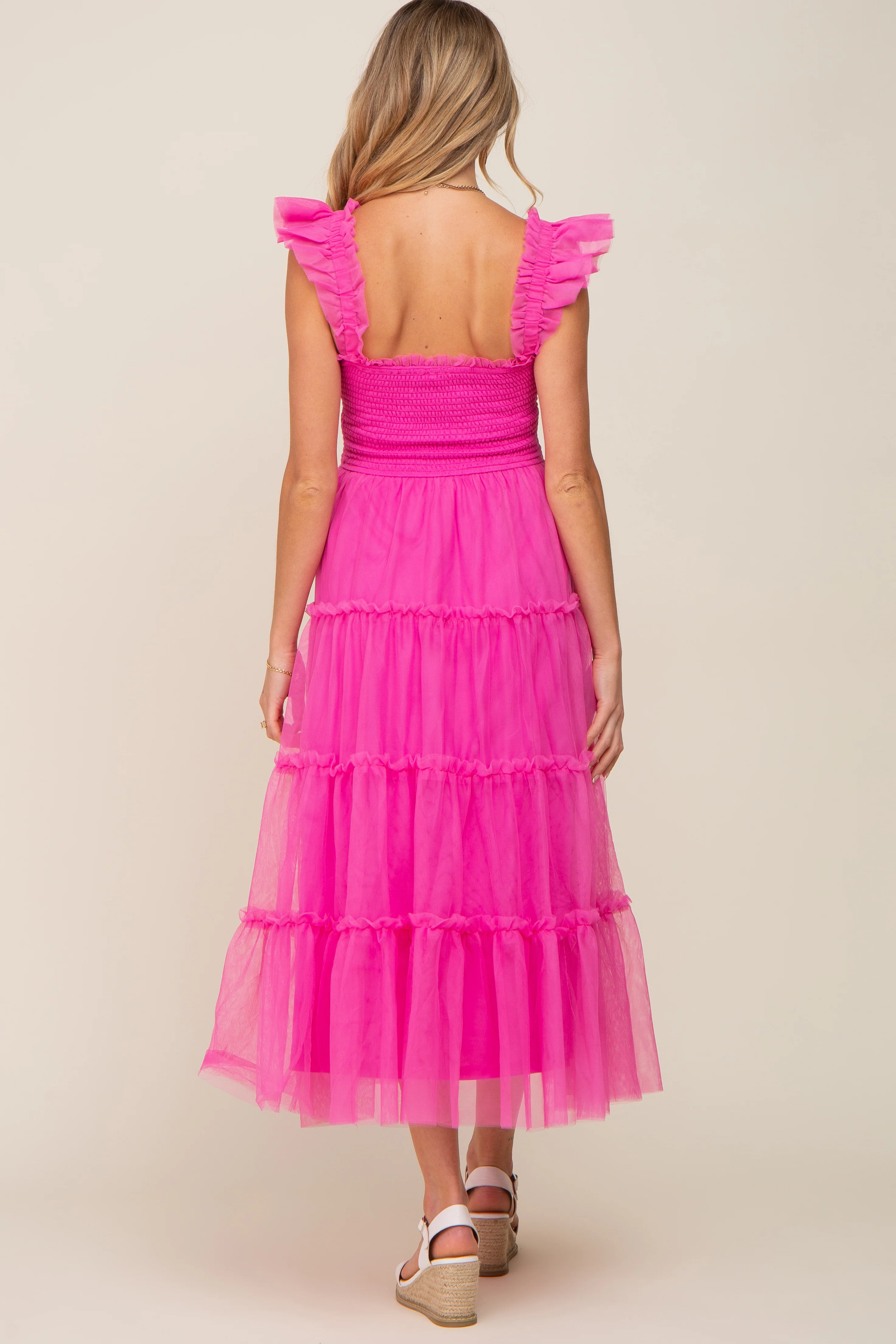 Fuchsia Smocked Mesh Ruffle Accent Maternity Midi Dress - Image 3