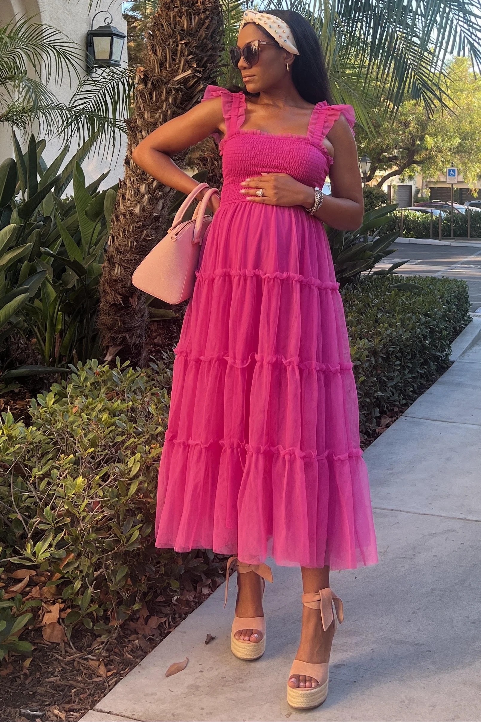 Fuchsia Smocked Mesh Ruffle Accent Maternity Midi Dress - Image 7