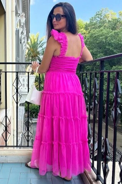 Fuchsia Smocked Mesh Ruffle Accent Midi Dress - Image 5