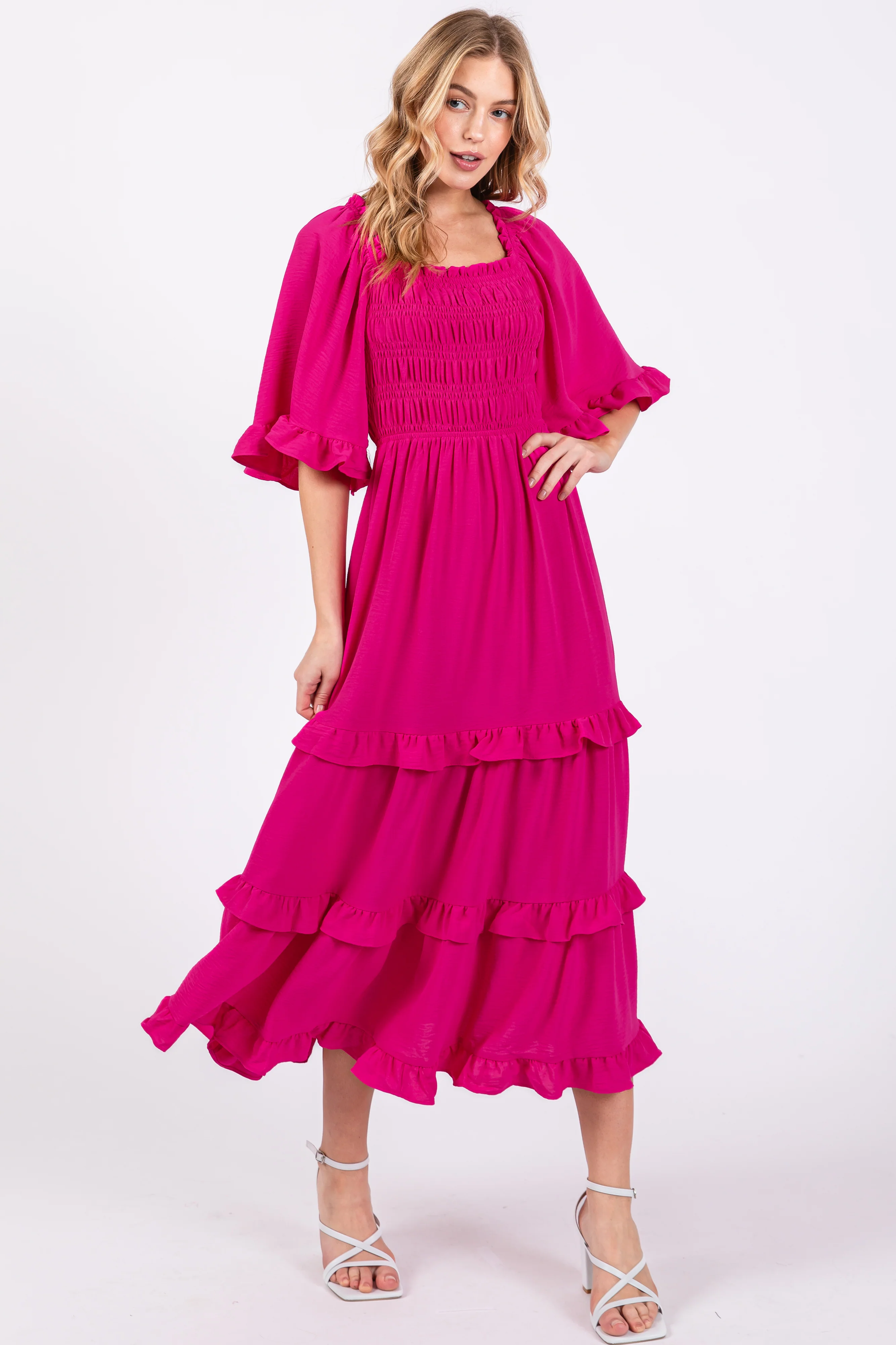 Fuchsia Smocked Ruffle Tiered Maternity Midi Dress - Image 4