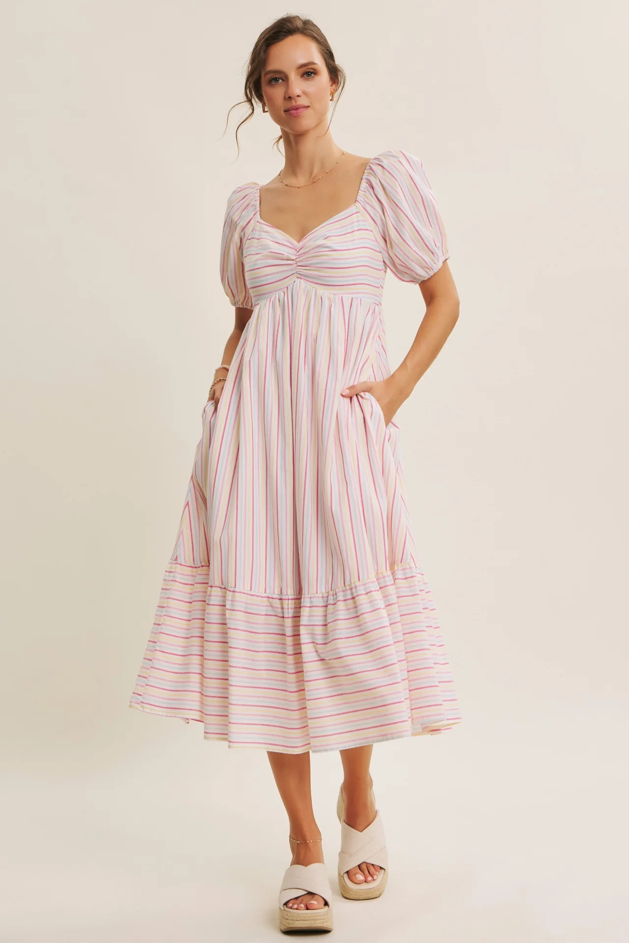 Fuchsia Stripe Sweetheart Neckline Maternity Midi Dress - Image 4