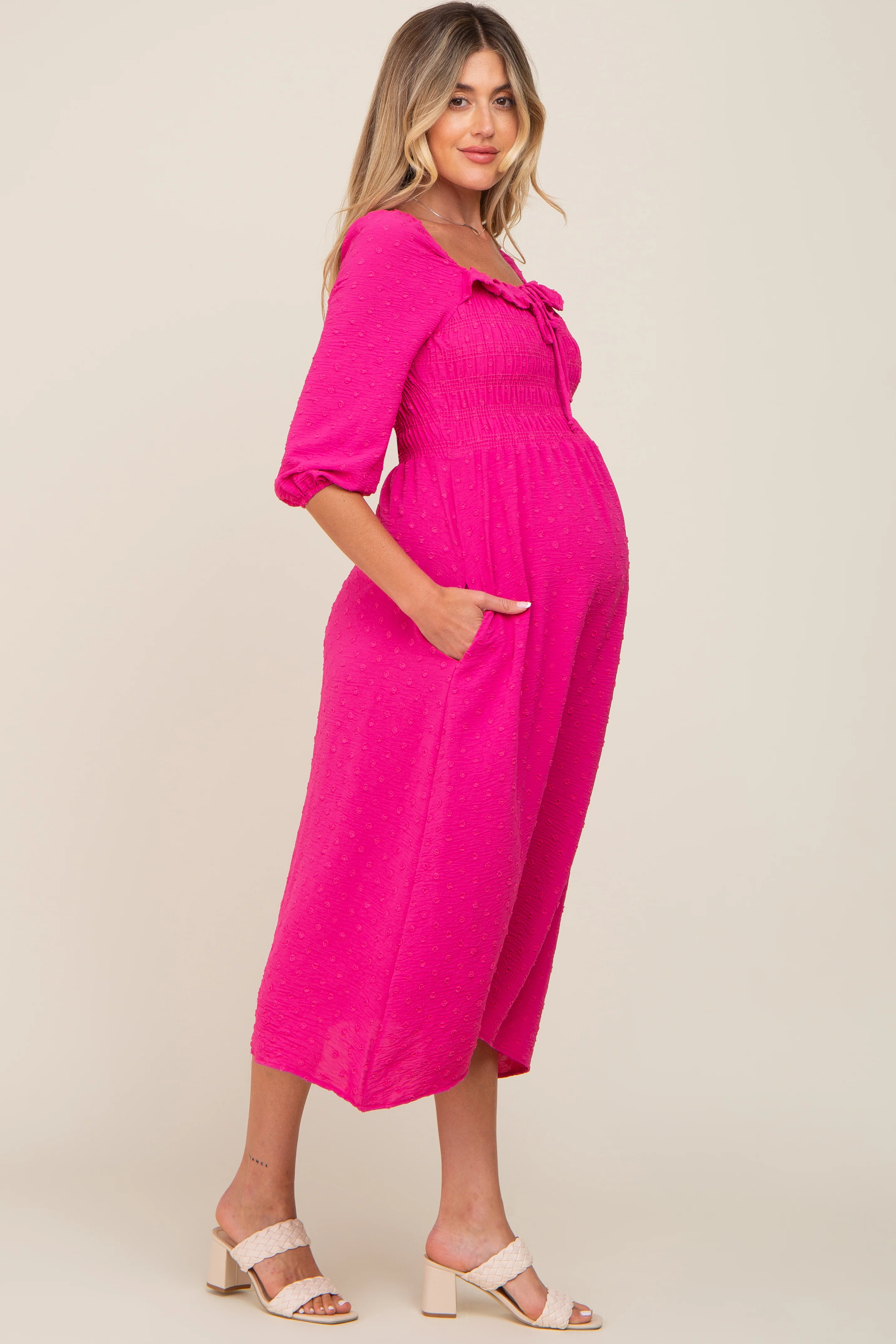 Fuchsia Swiss Dot 3/4 Sleeve Maternity Midi Dress - Image 2
