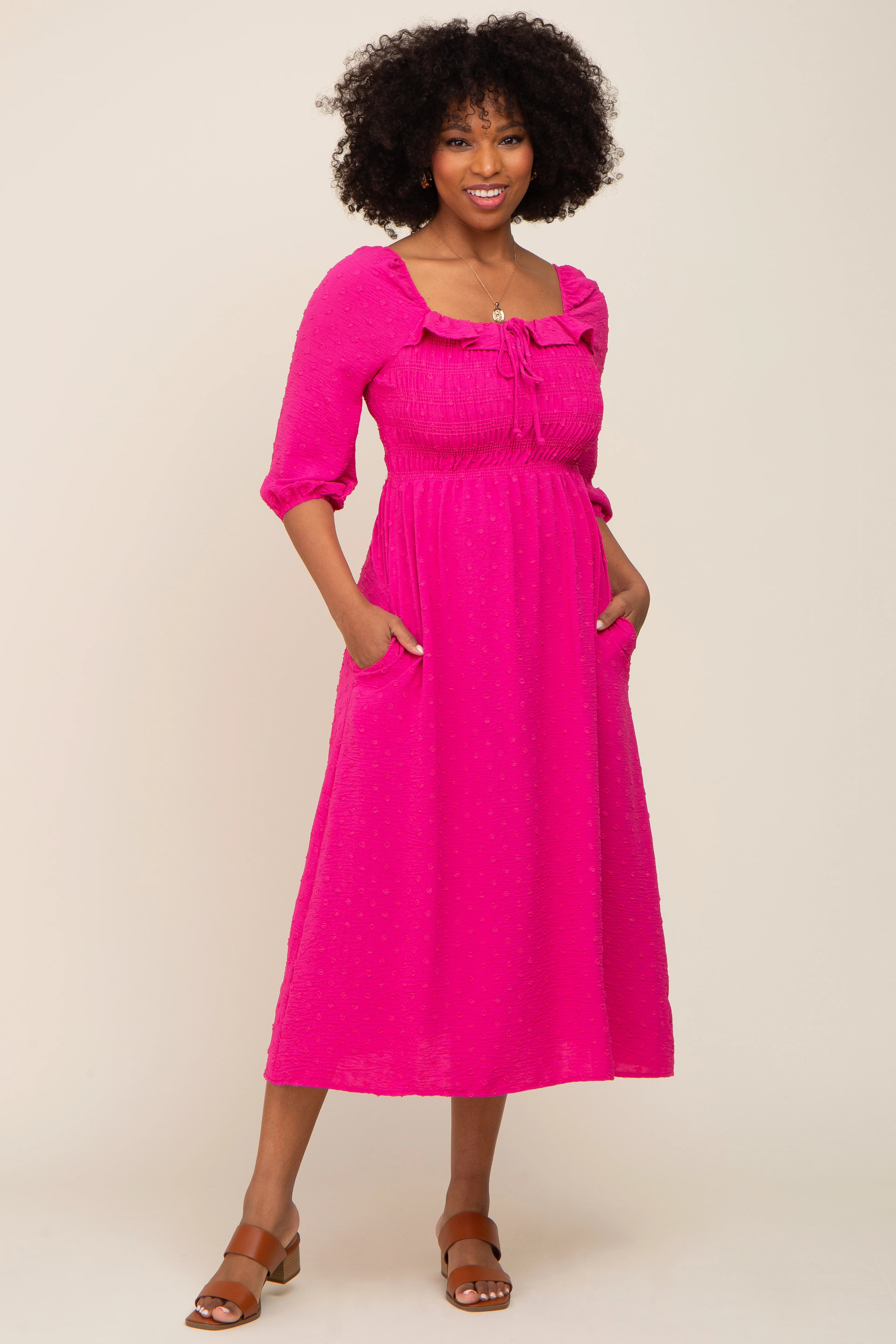 Fuchsia Swiss Dot 3/4 Sleeve Maternity Midi Dress - Image 5