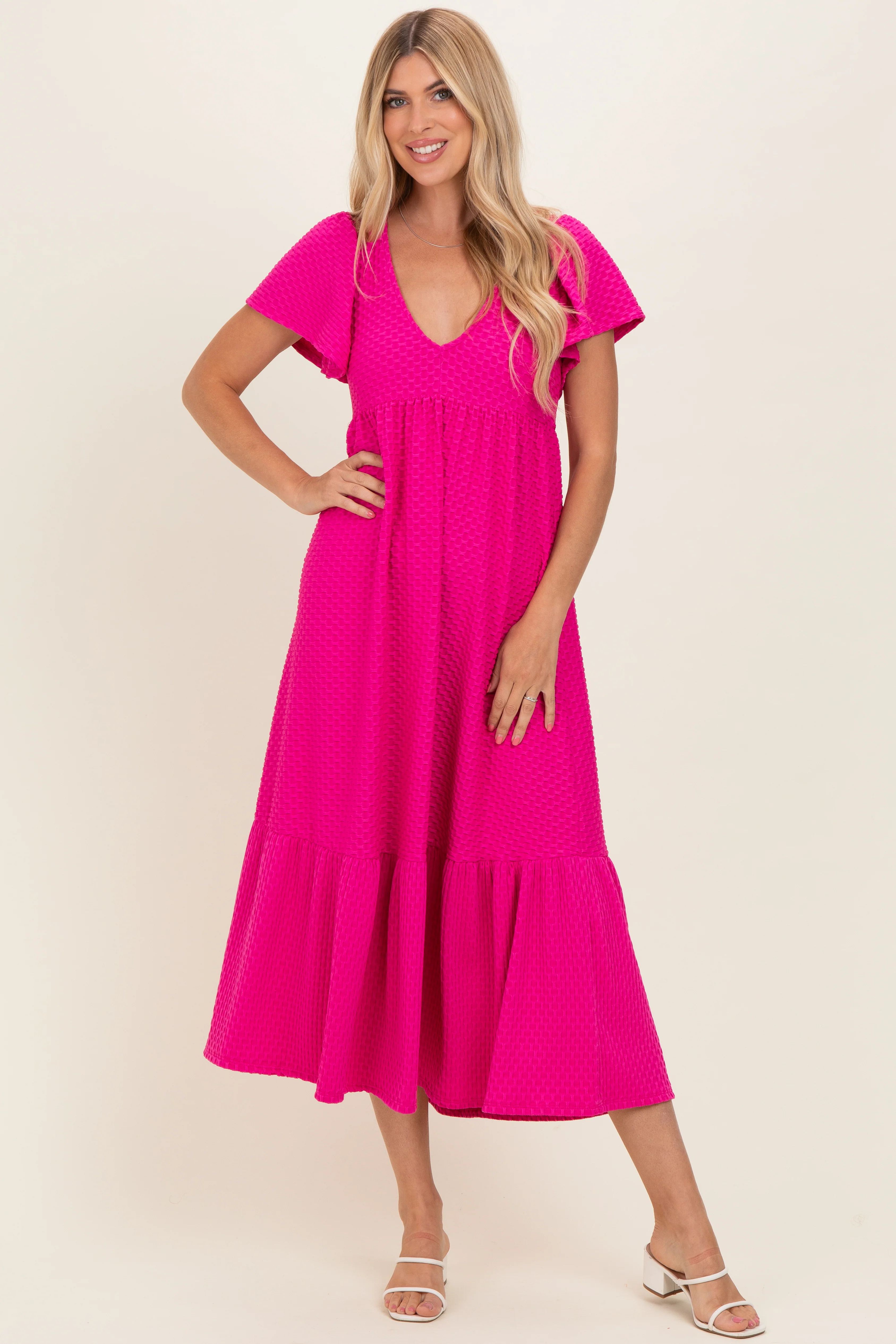 Fuchsia Textured Ruffle Hem Maternity Maxi Dress - Image 4