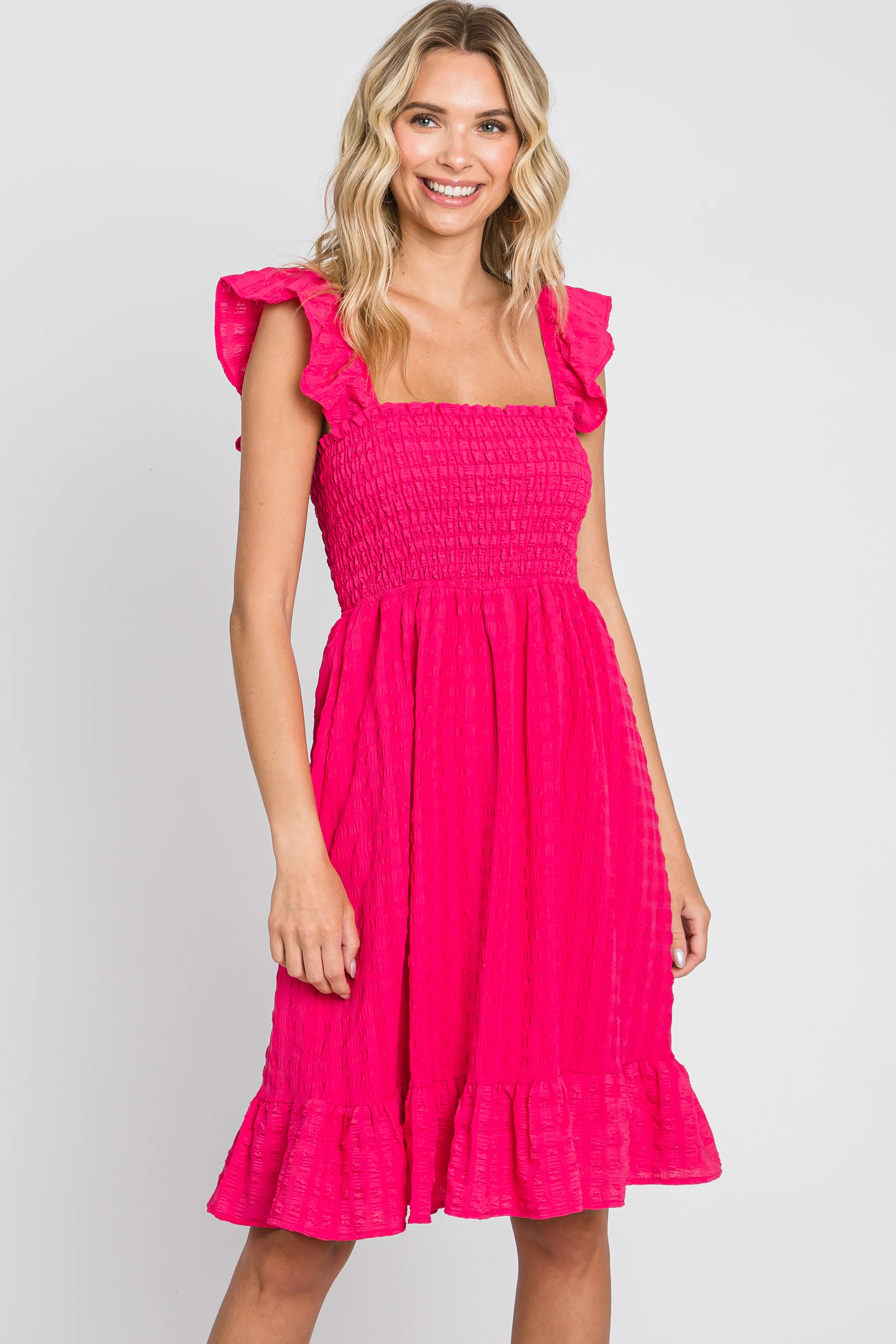 Fuchsia Textured Sleeveless Smocked Maternity Dress - Image 4