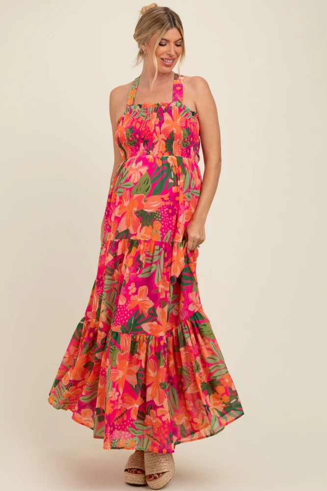 Fuchsia Tropical Print Smocked Crisscross Open Back Maternity Maxi Dress - Image 2