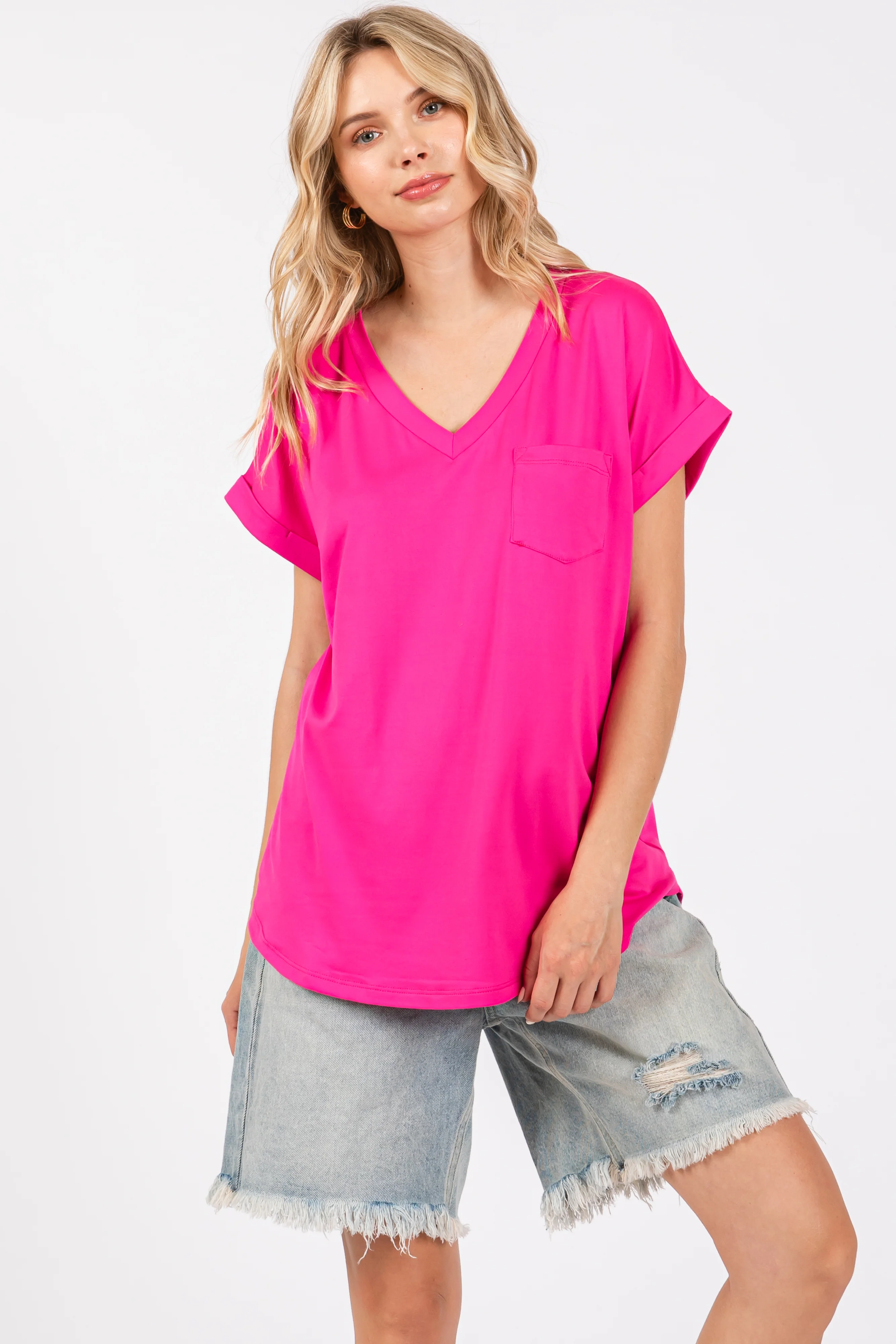 Fuchsia V-Neck Pocket Short Sleeve Maternity Shirt - Image 5