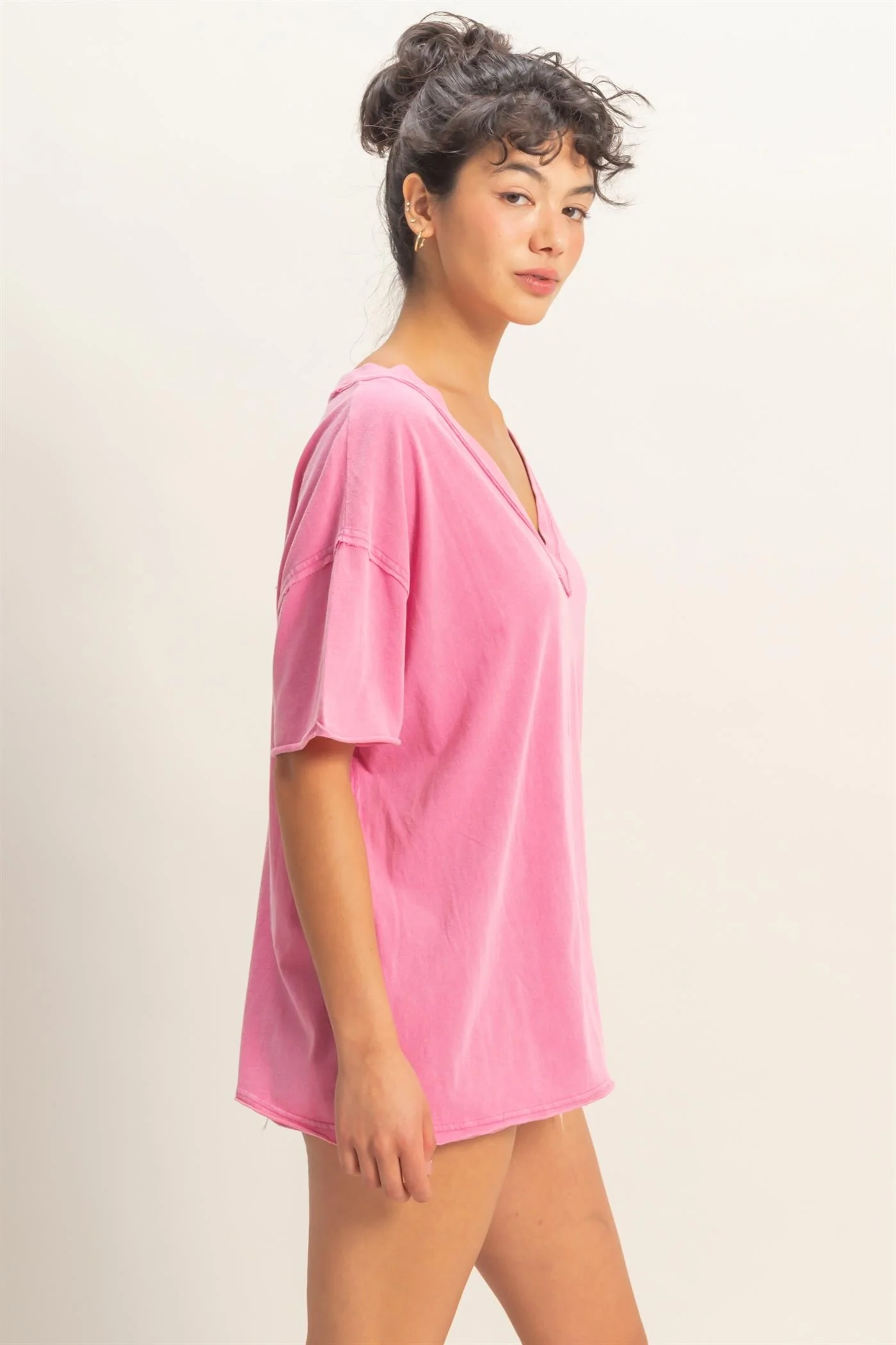Fuchsia Washed V-Neck Oversized Tee - Image 3