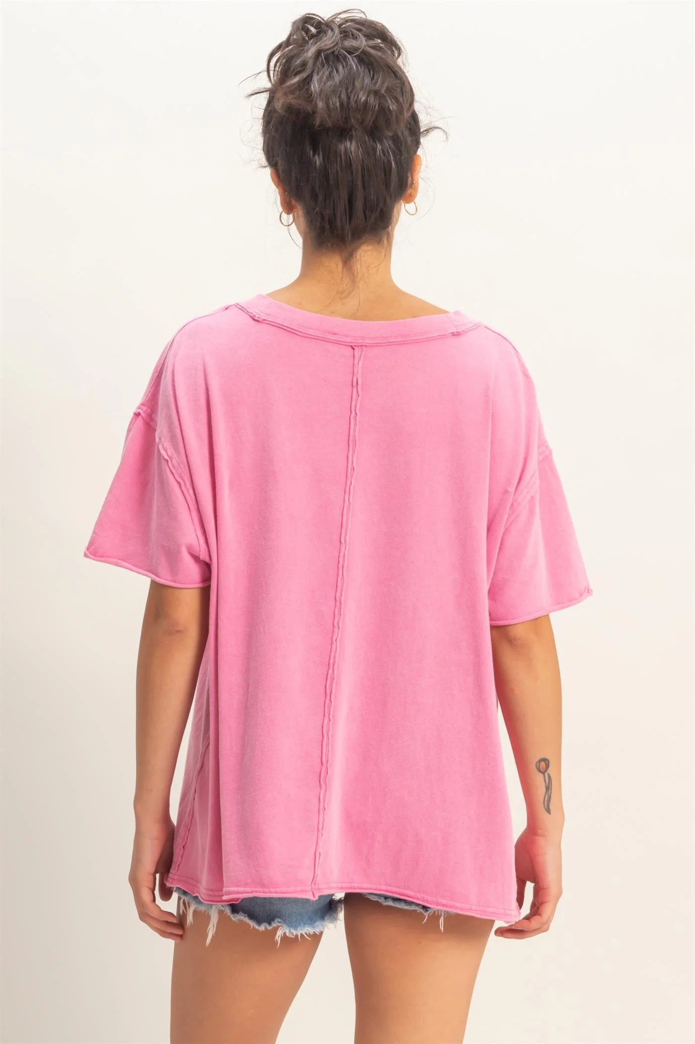 Fuchsia Washed V-Neck Oversized Tee - Image 4