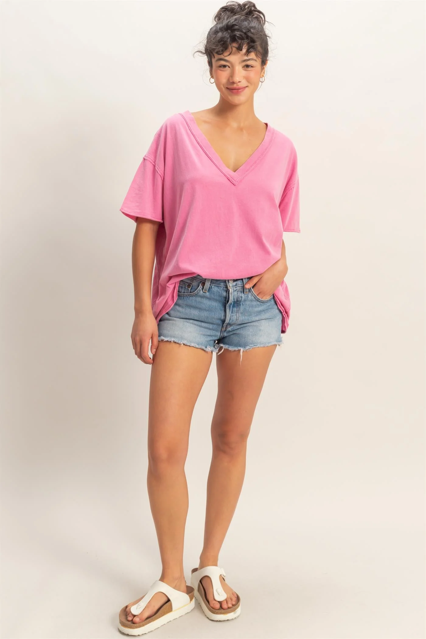 Fuchsia Washed V-Neck Oversized Tee - Image 5