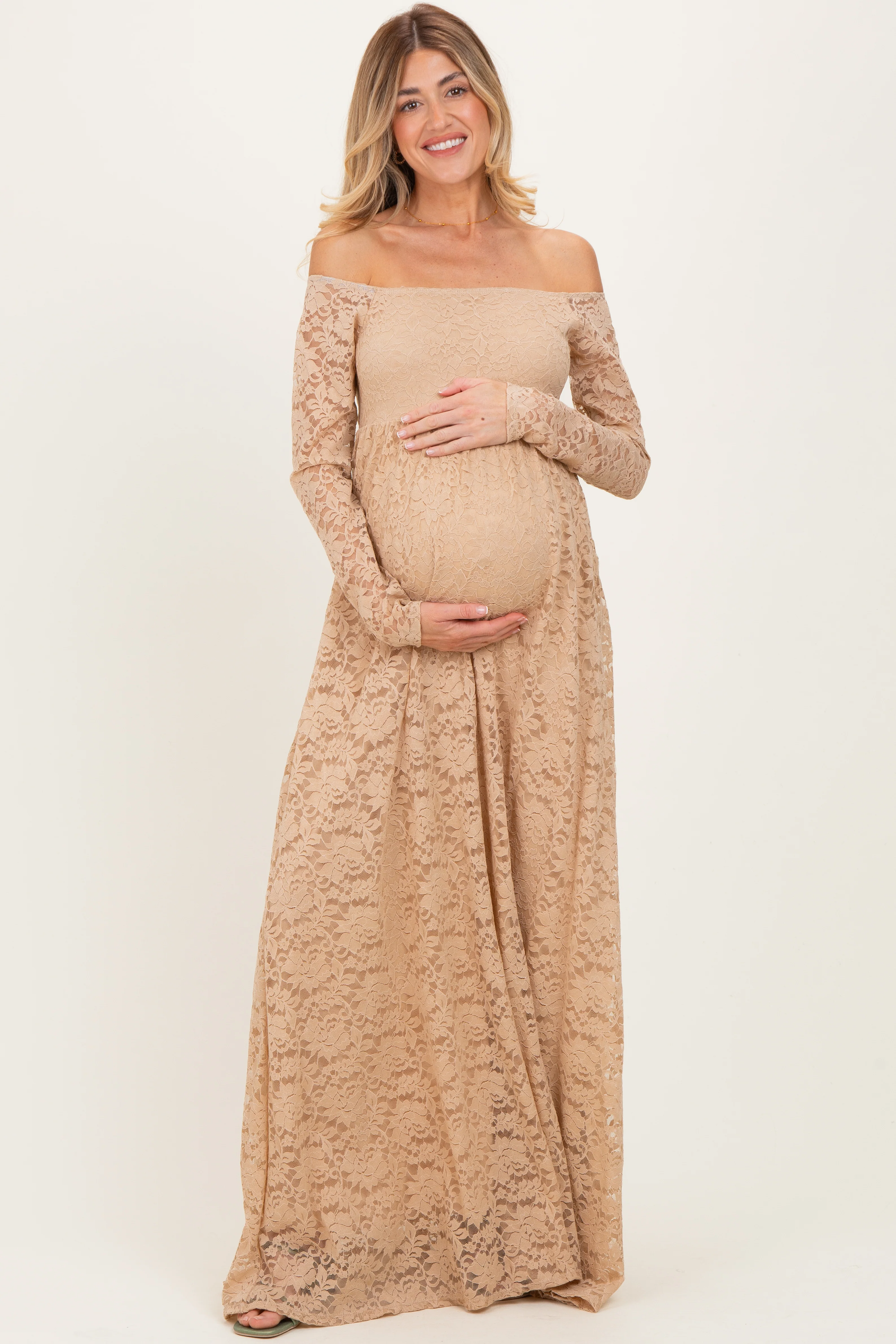 Gold Floral Lace Long Sleeve Off Shoulder Maternity Maxi Dress - Image 3