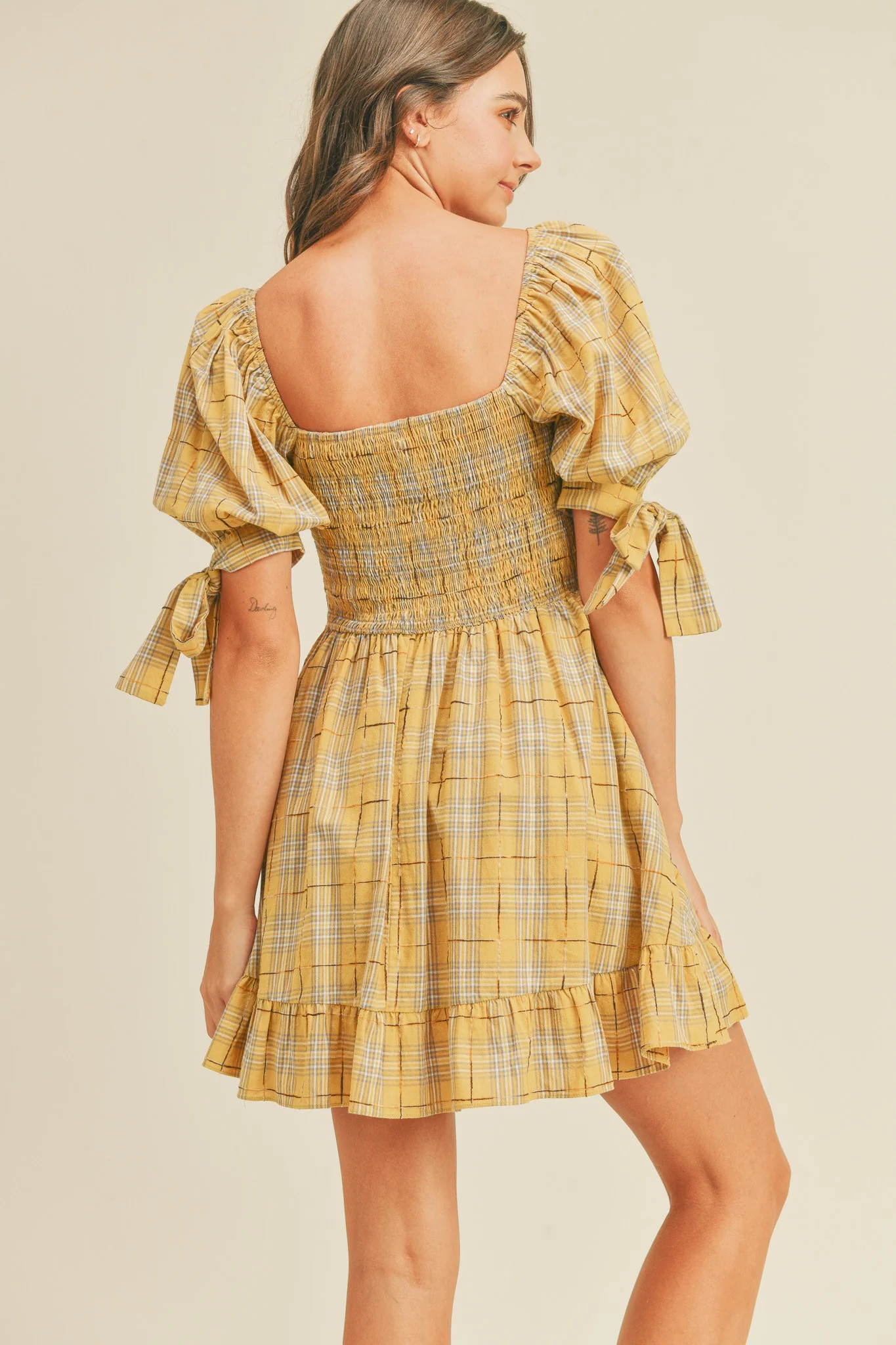 Gold Plaid Plaid Smocked Mini Dress - Image 3