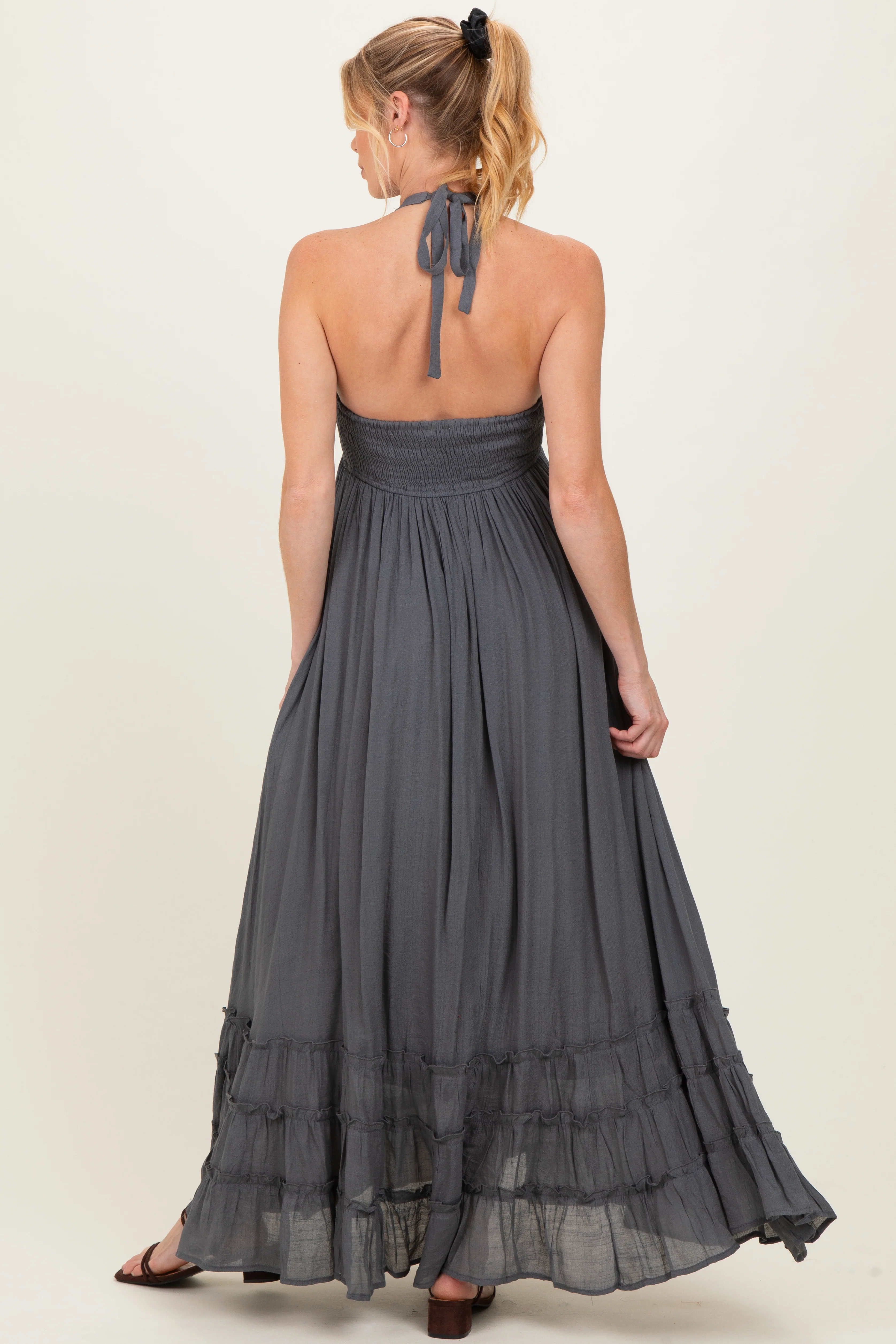 Gray Halter Neck Smocked Maternity Maxi Dress - Image 3
