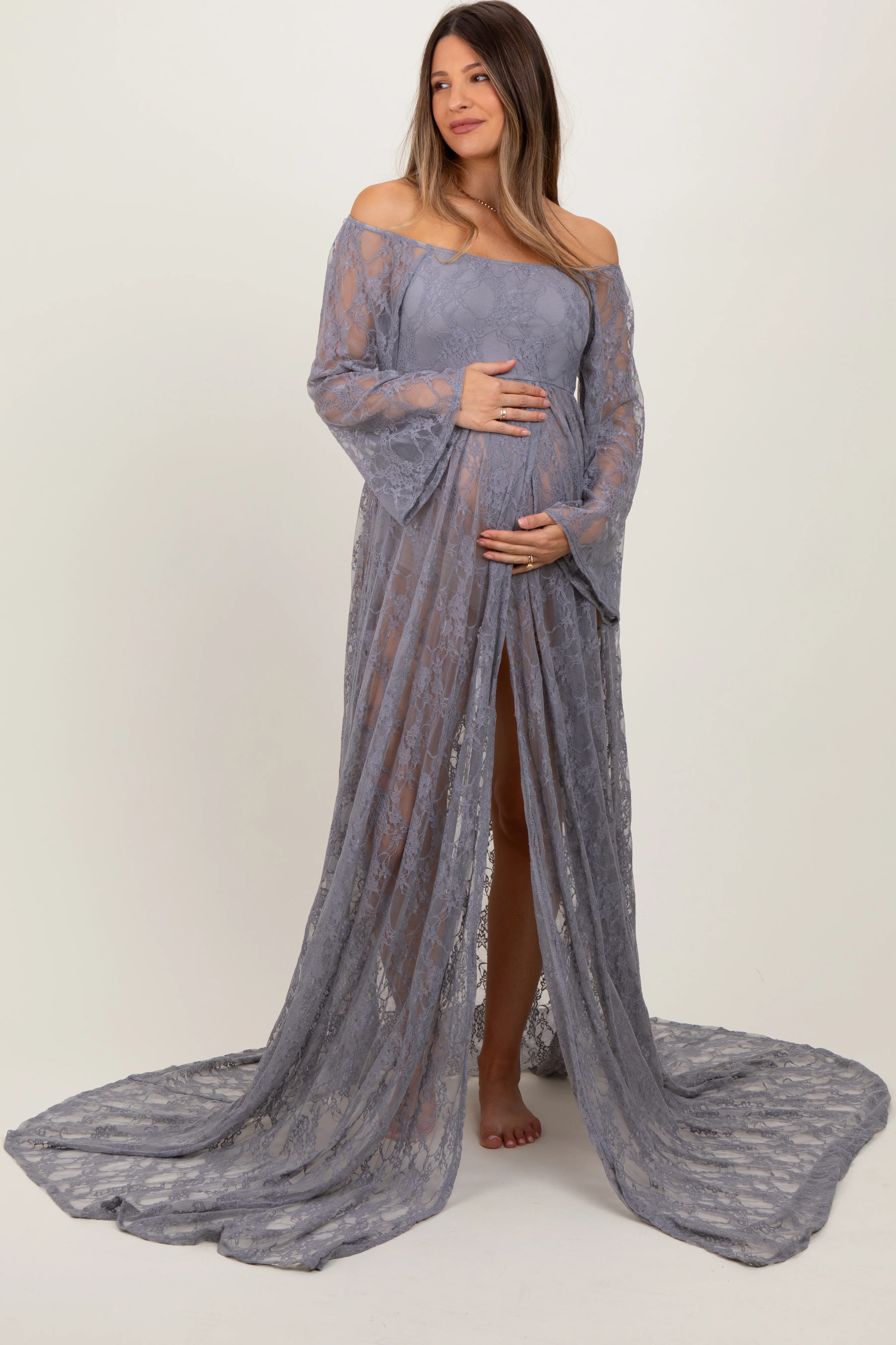 Gray Lace Long Sleeve Off Shoulder Slit Draped Maternity Photoshoot Dress - Image 3