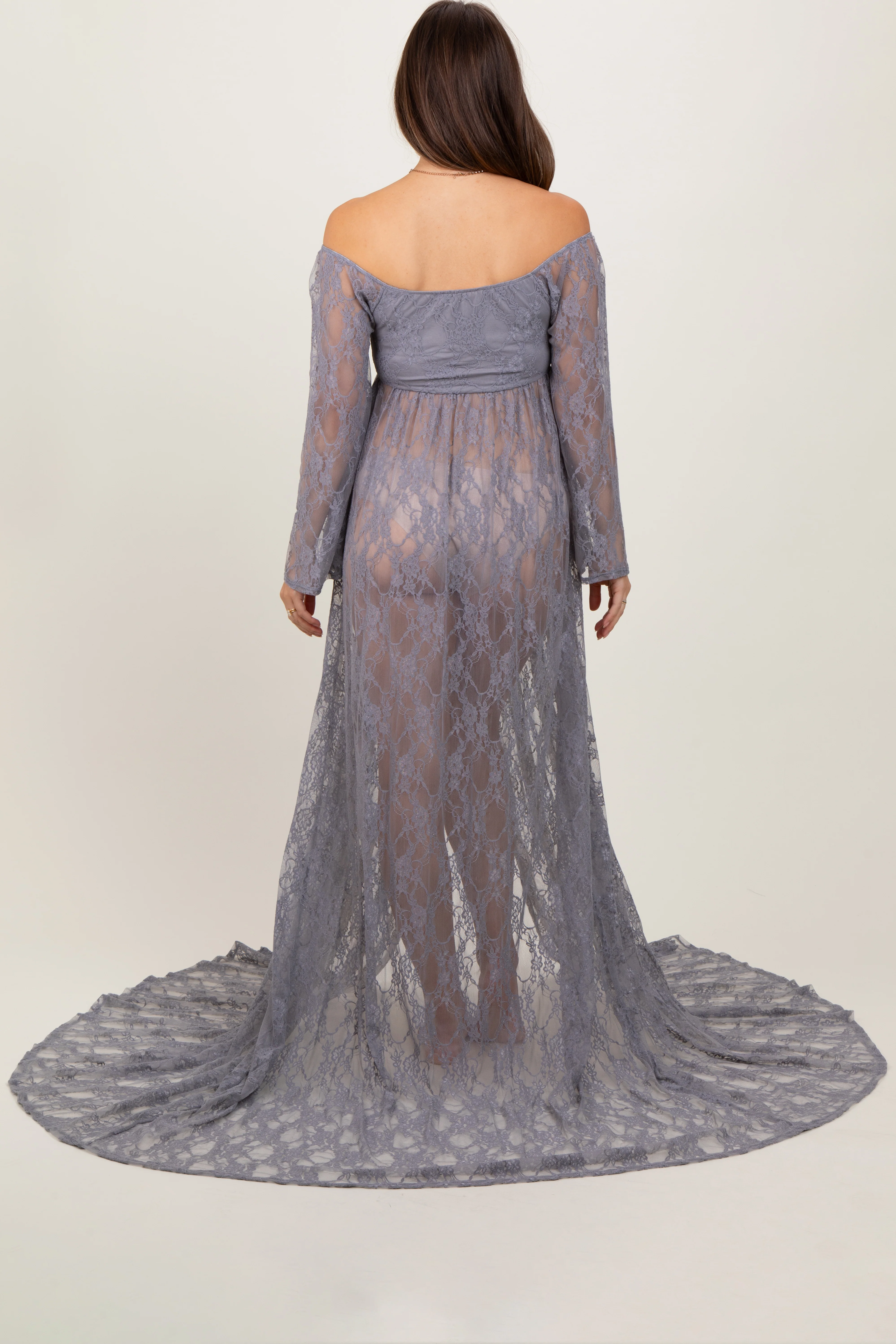 Gray Lace Long Sleeve Off Shoulder Slit Draped Maternity Photoshoot Dress - Image 4