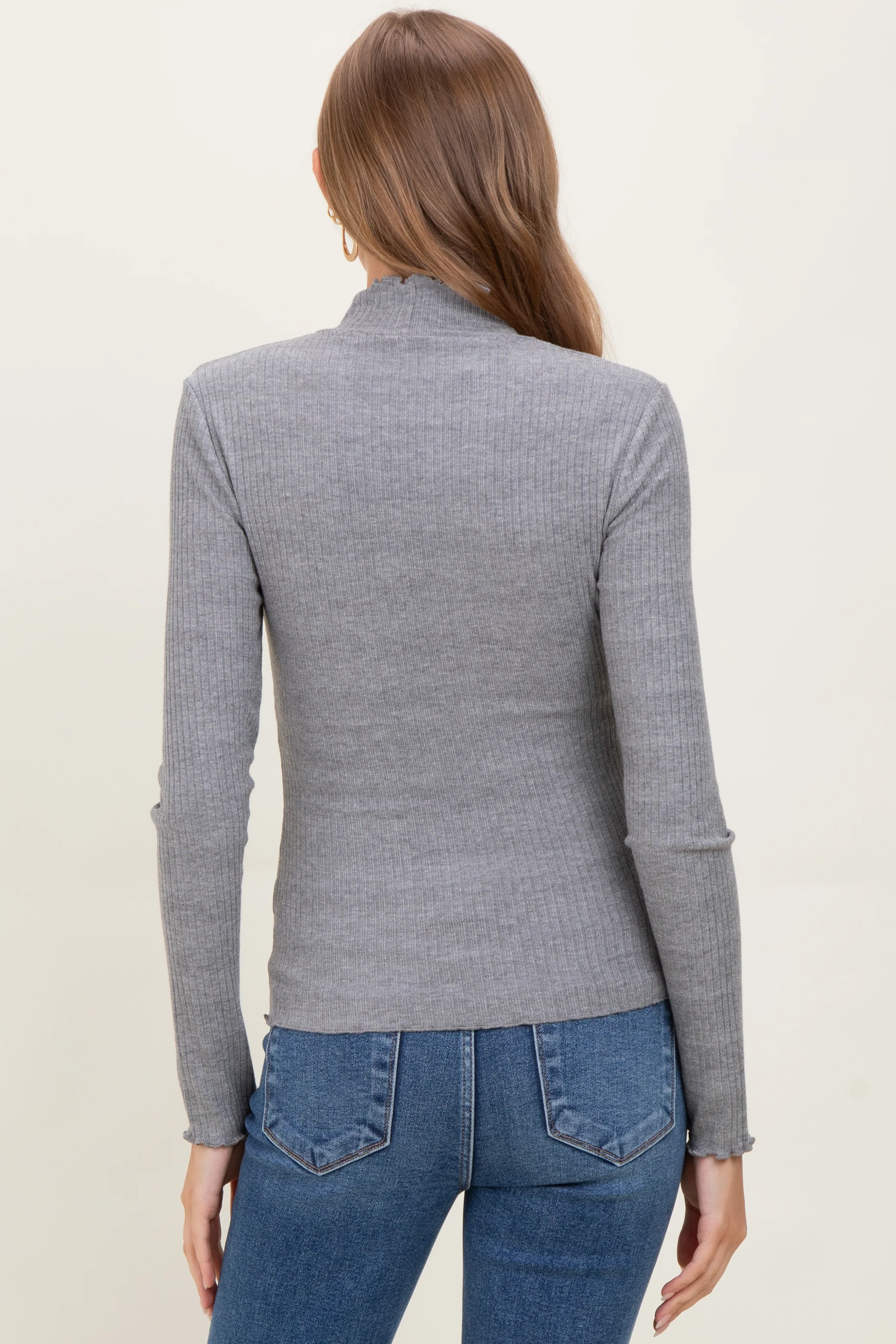Gray Lettuce Edge Mock Neck Long Sleeve Rib Maternity Top - Image 4