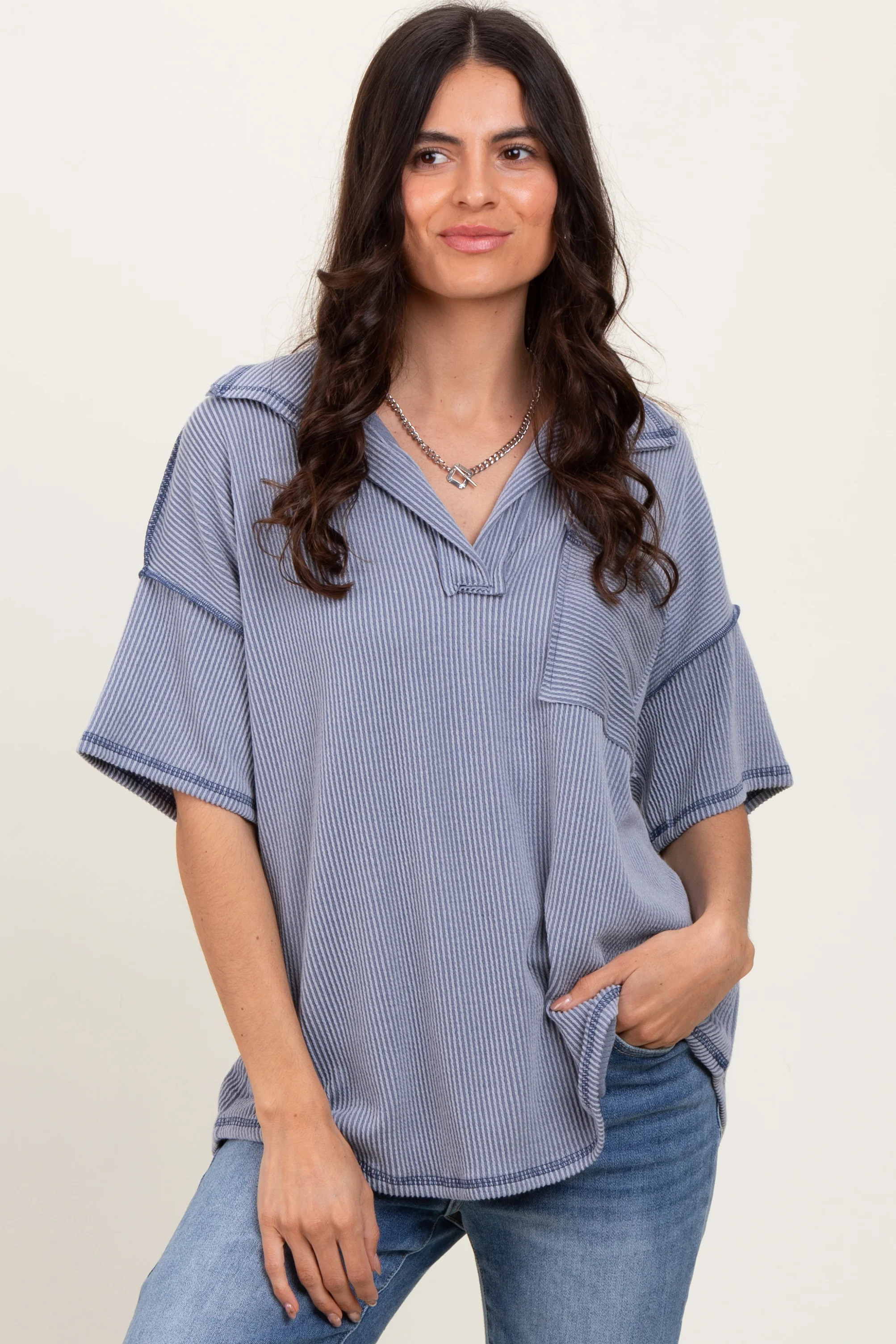 Gray Ribbed Reverse Stitch Tunic Top - Image 2