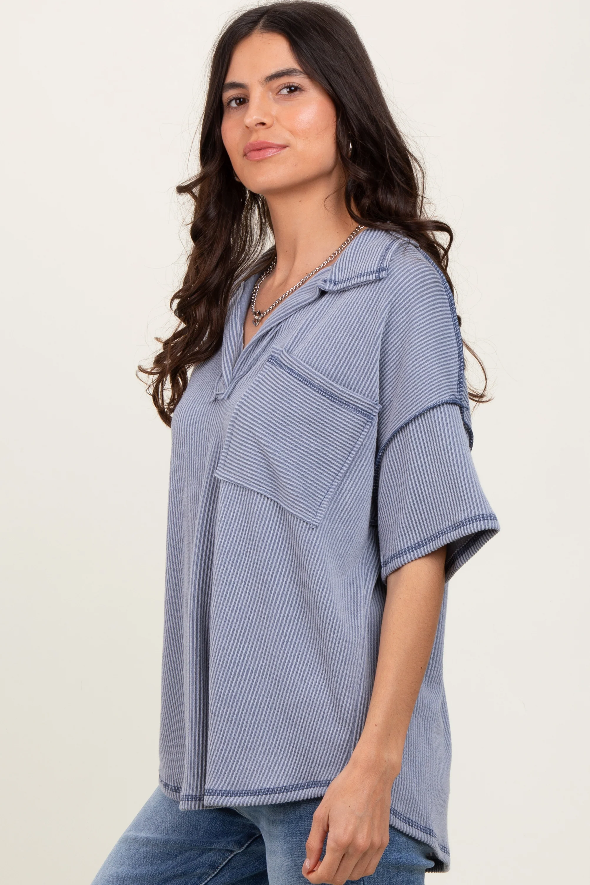 Gray Ribbed Reverse Stitch Tunic Top - Image 3