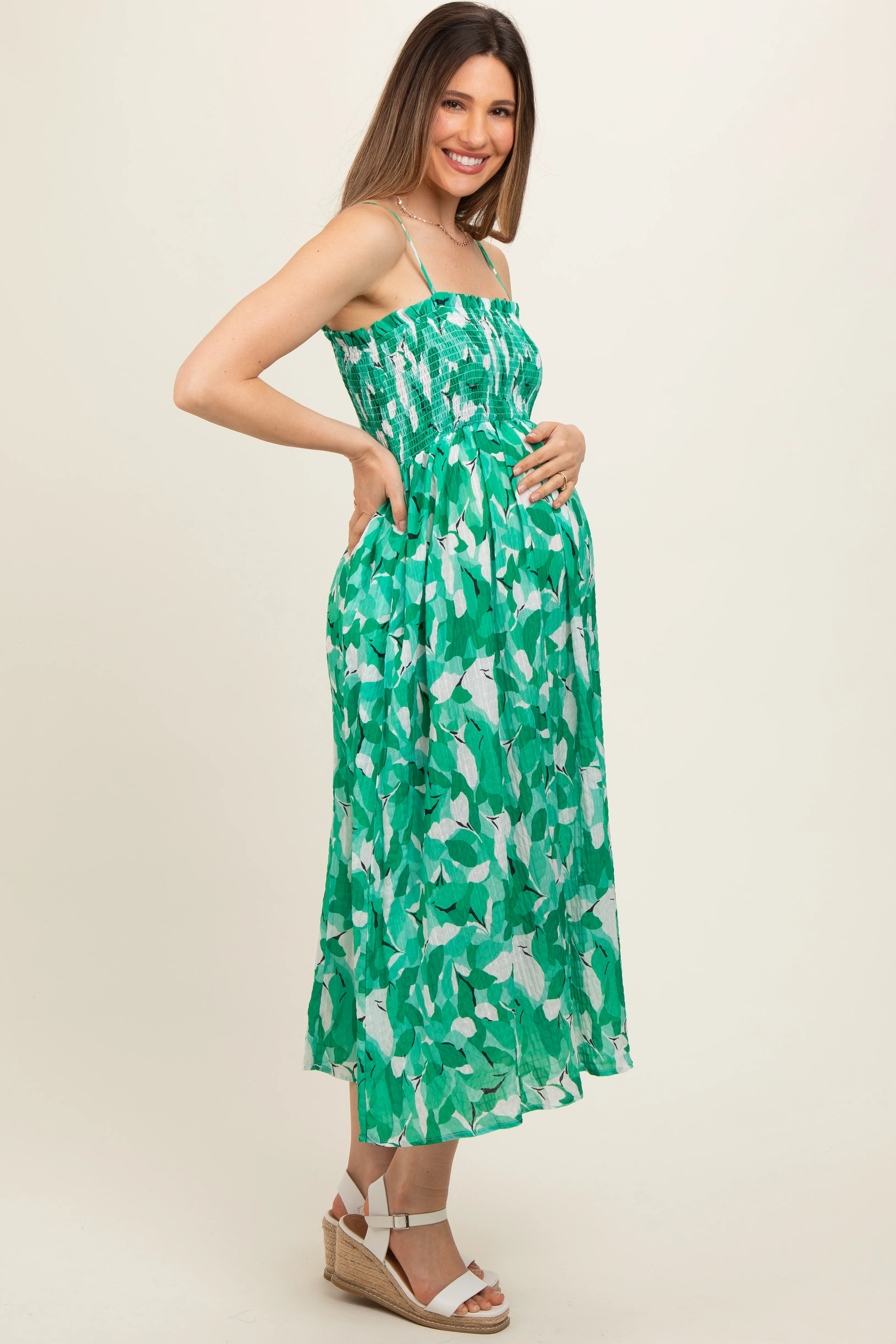 Green Abstract Floral Smocked Maternity Midi Dress - Image 2