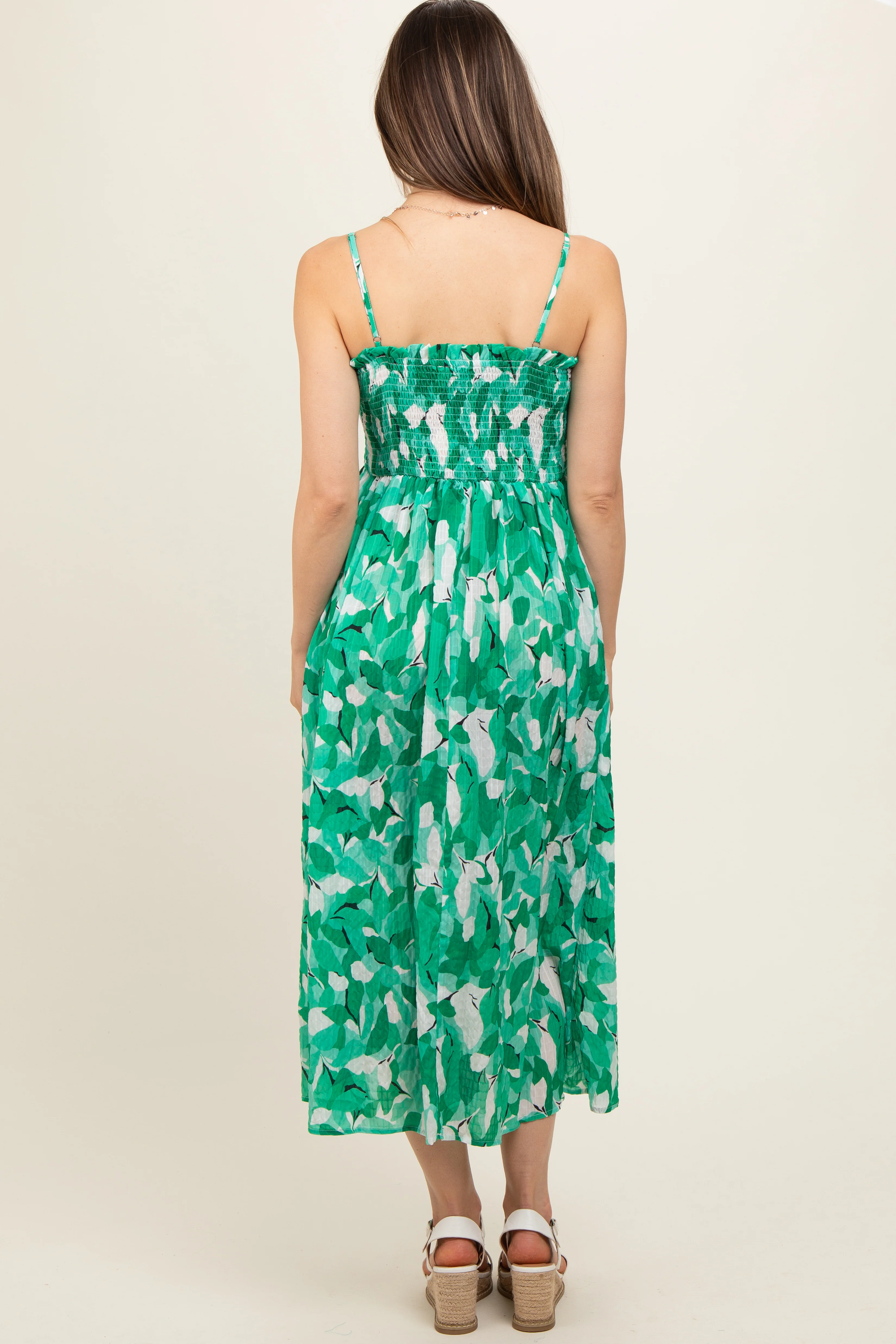Green Abstract Floral Smocked Maternity Midi Dress - Image 3