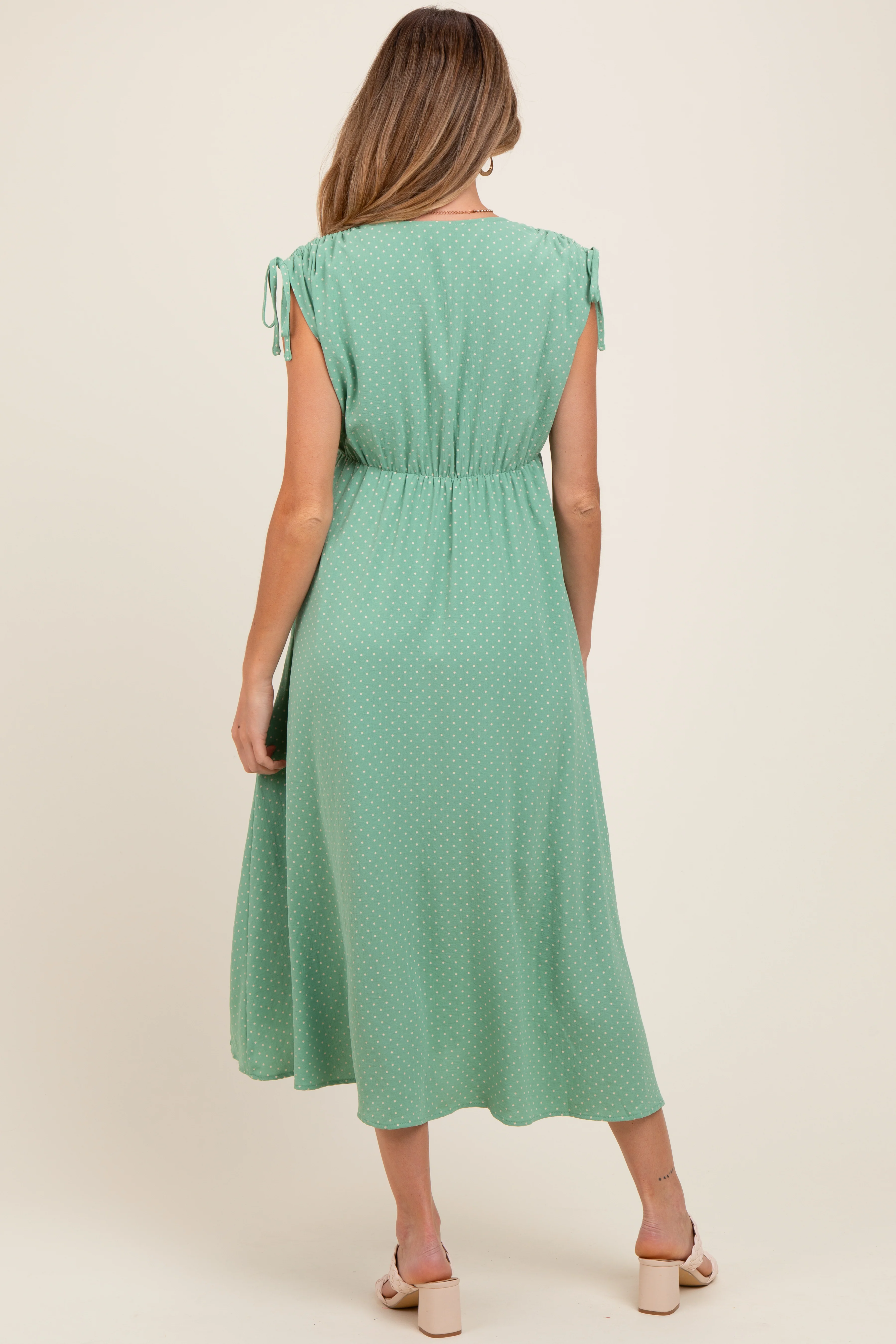 Green Button-Down Polka Dot Shirred Bow Maternity Midi Dress - Image 4