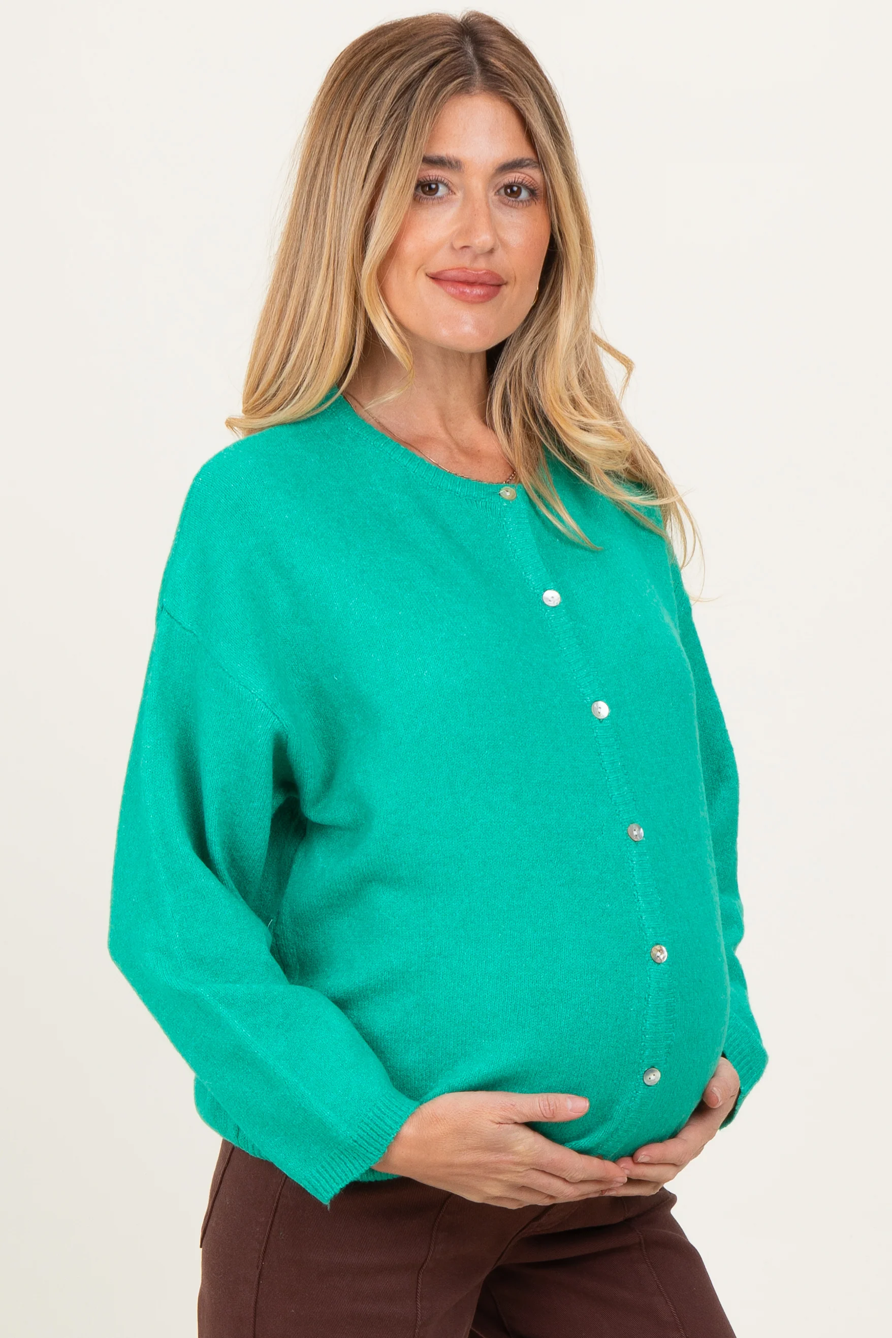 Green Classic Crew Neck Maternity Button Cardigan - Image 3
