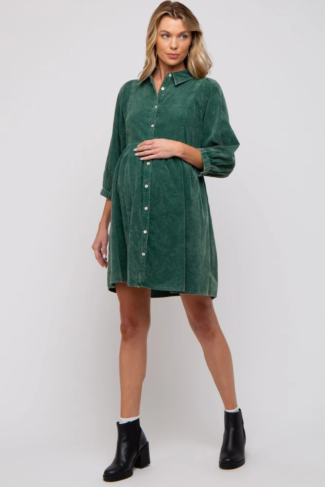 Green Corduroy Button Down Collared Maternity Dress - Image 2