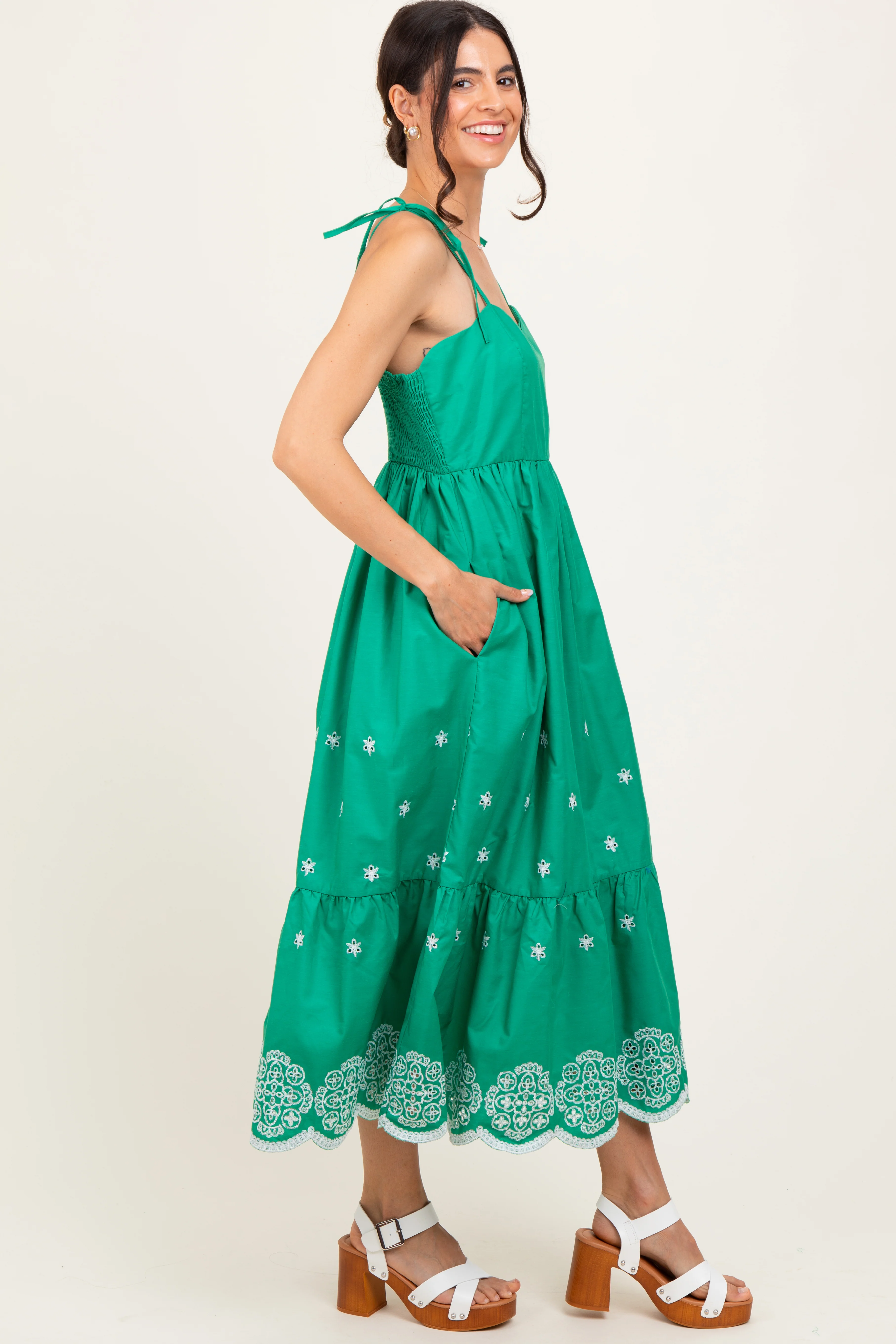 Green Embroidered Shoulder Tie Midi Dress - Image 3