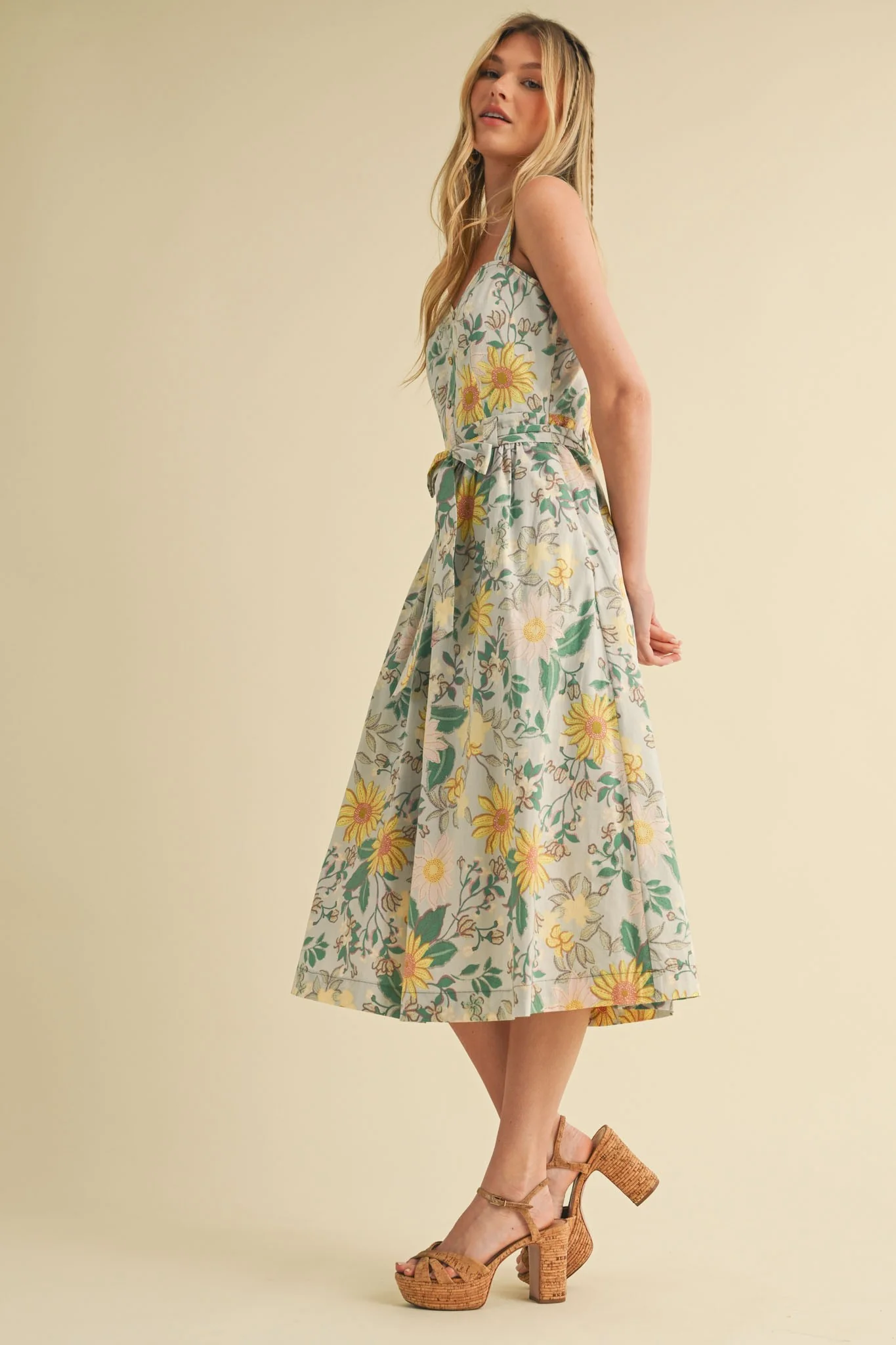 Green Floral Button Front Sash Tie Midi Dress - Image 3