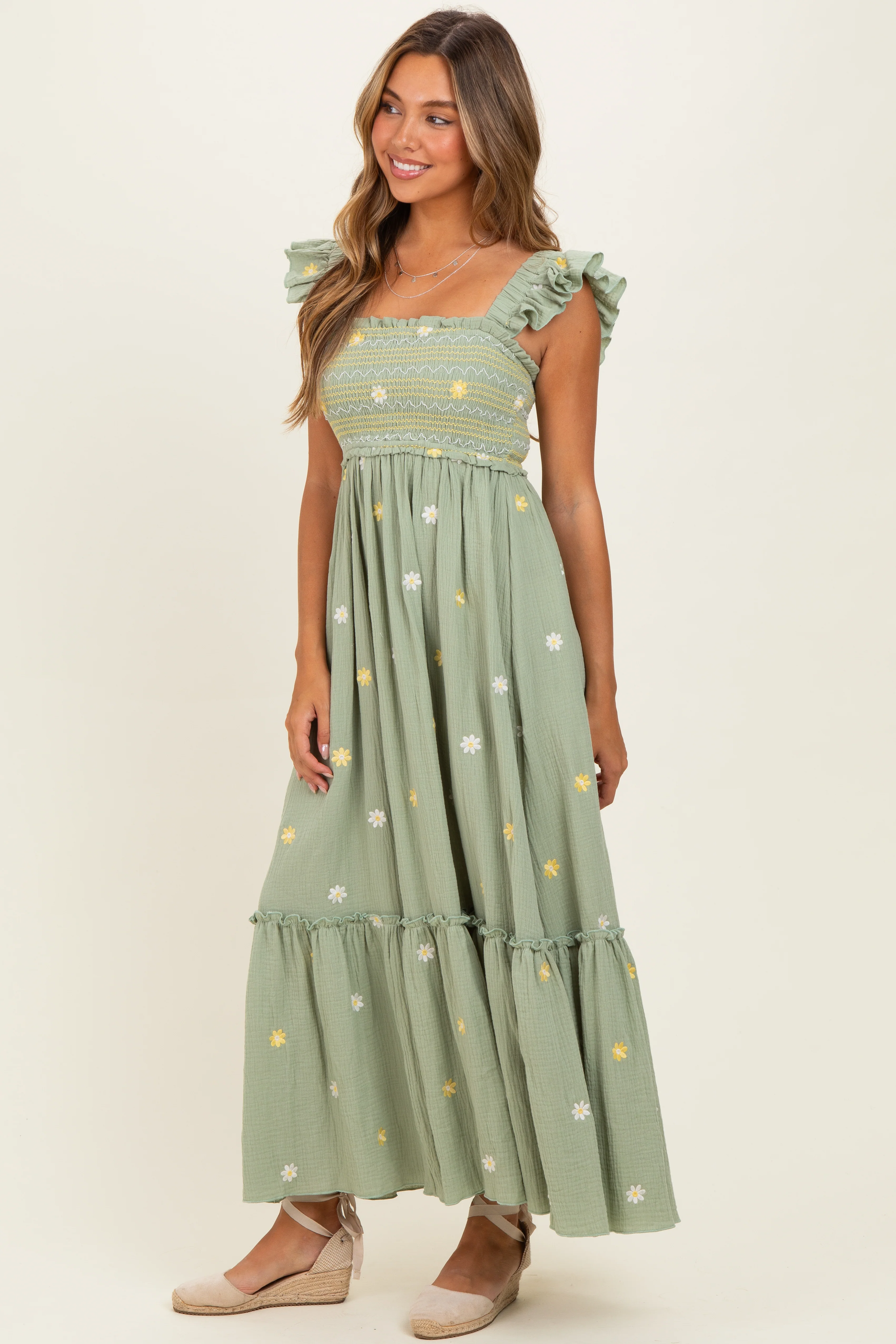 Green Floral Embroidered Smocked Maternity Maxi Dress - Image 4