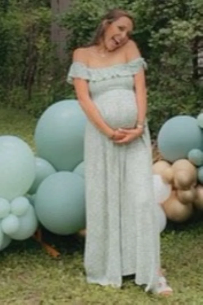 Green Floral Ruffle Off Shoulder Maternity Maxi Dress - Image 11
