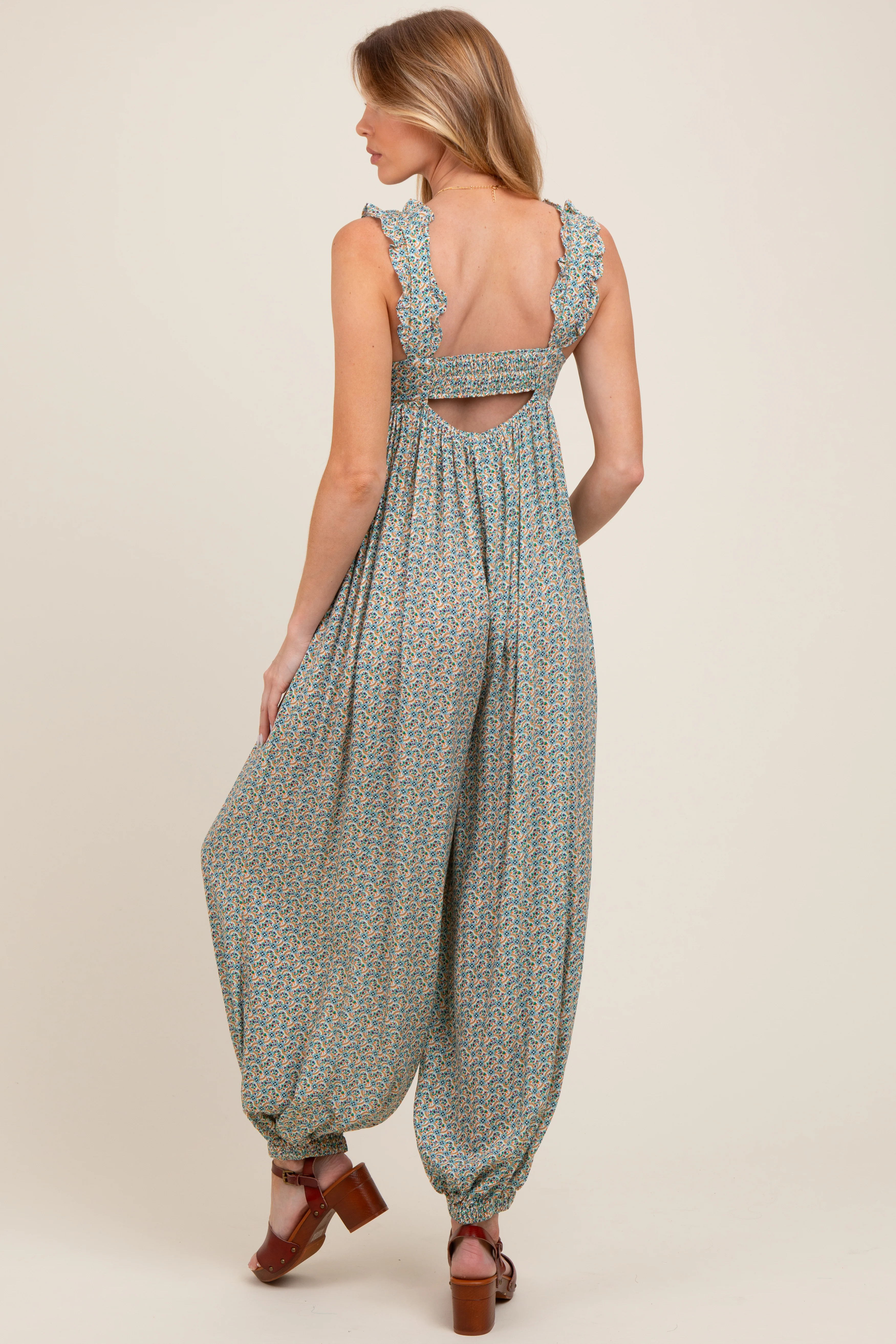 Green Floral Ruffle Strap Barrel Leg Maternity Jumpsuit - Image 3