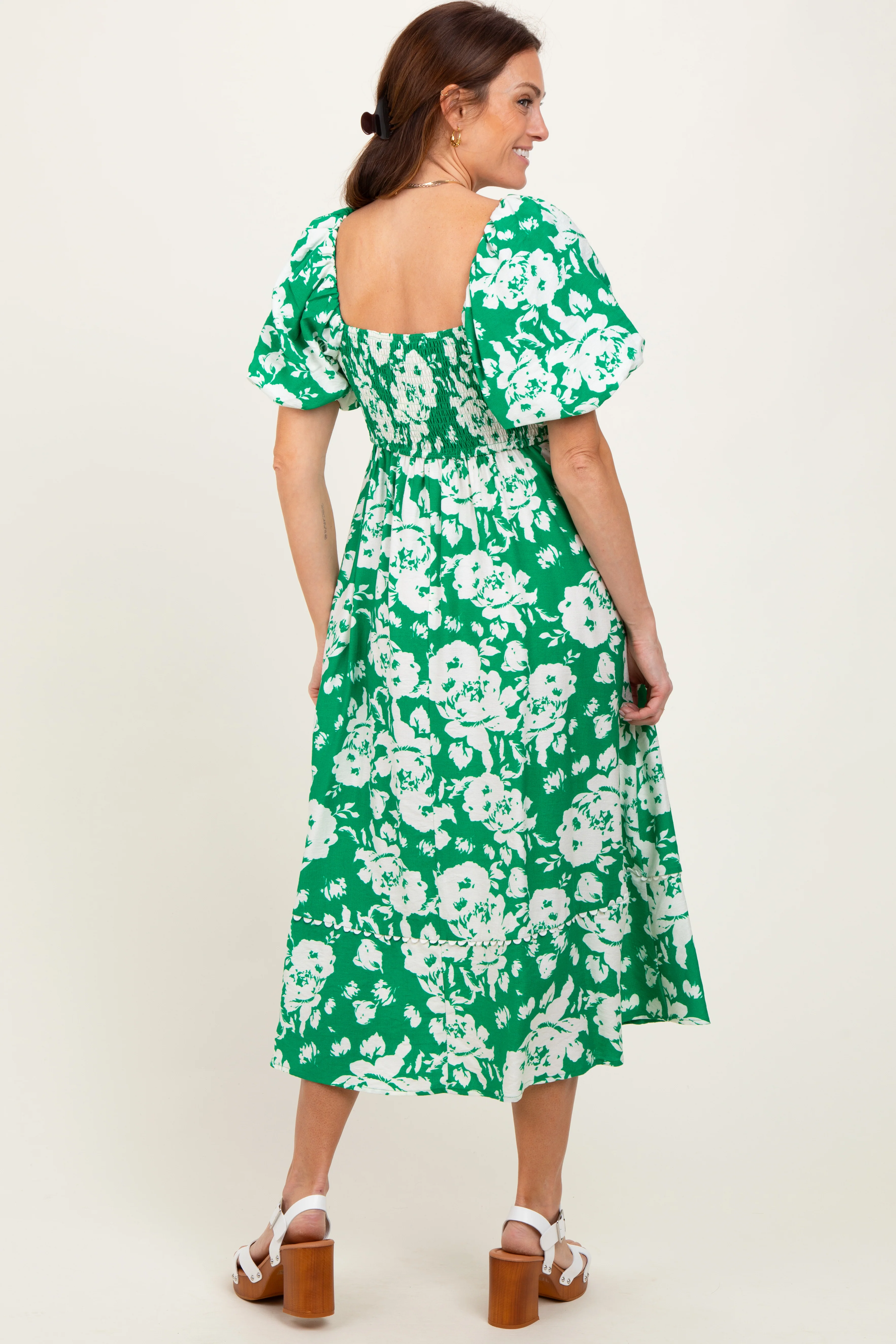 Green Floral Scallop Trim Puff Sleeve Midi Dress - Image 4