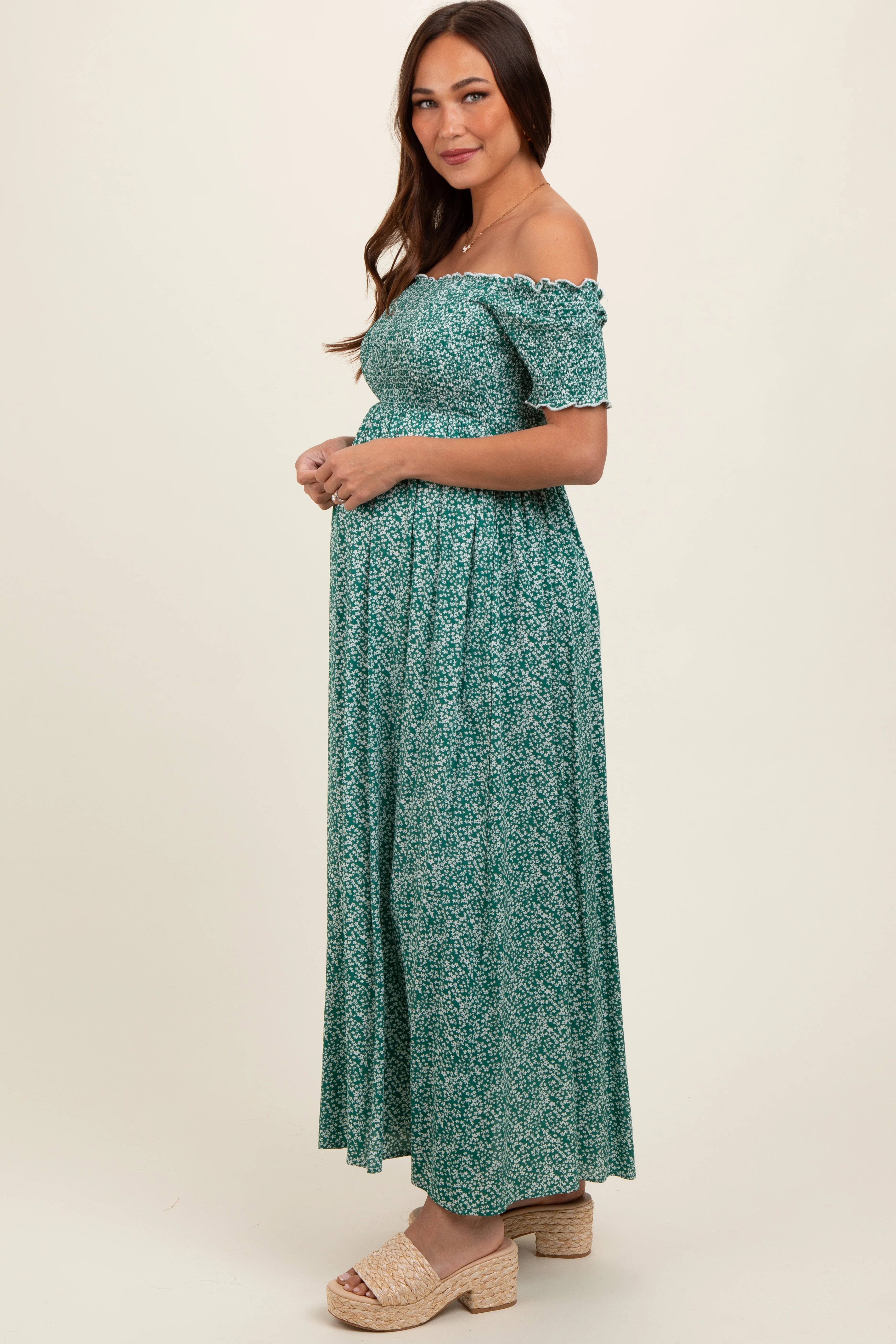 Green Floral Smocked Fitted Sleeve Side Slit Maternity Maxi Dress - Image 4