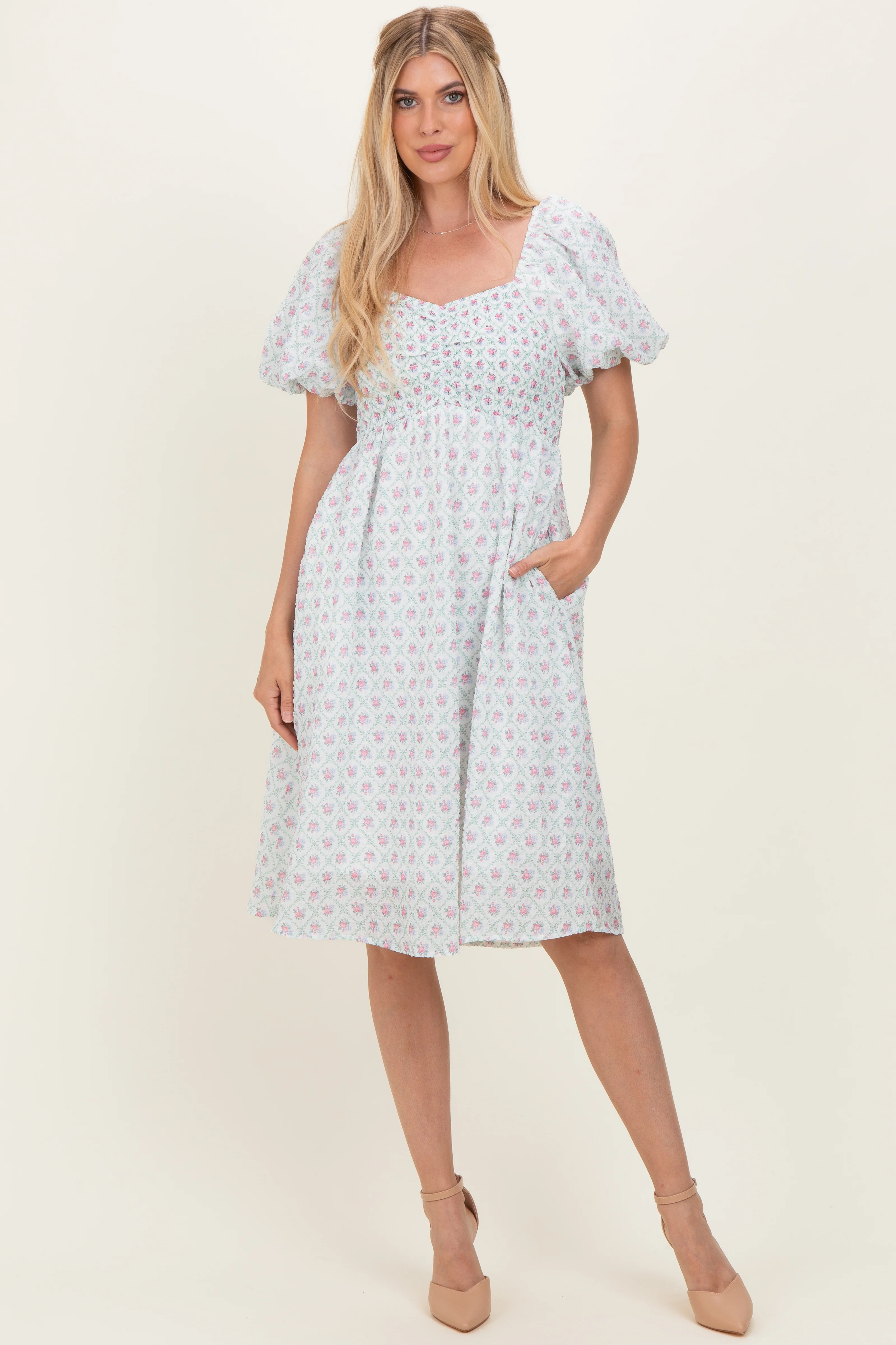 Green Floral Smocked Puff Sleeve Maternity Dress - Image 4