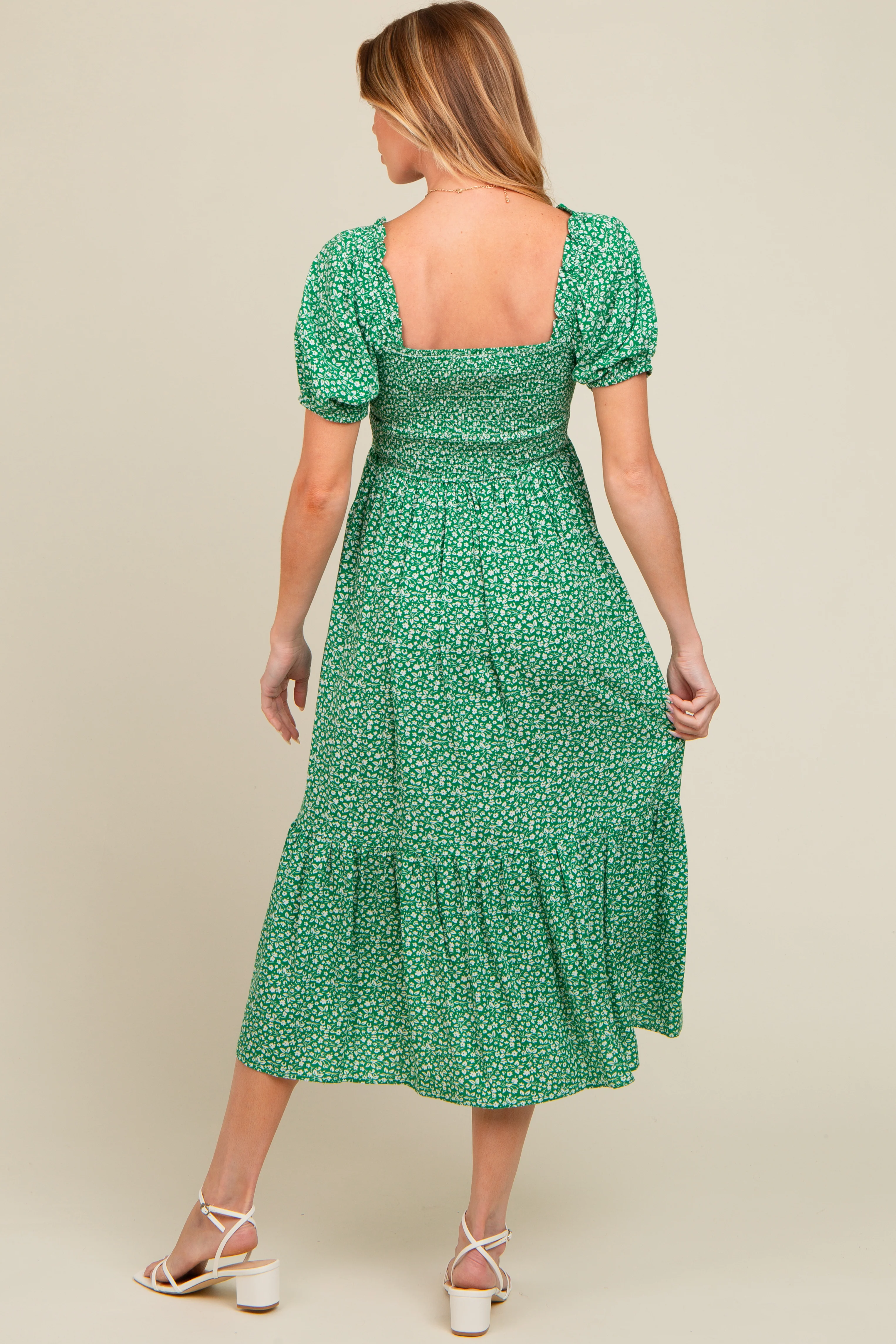 Green Floral Smocked Ruffle Hem Maternity Midi Dress - Image 3