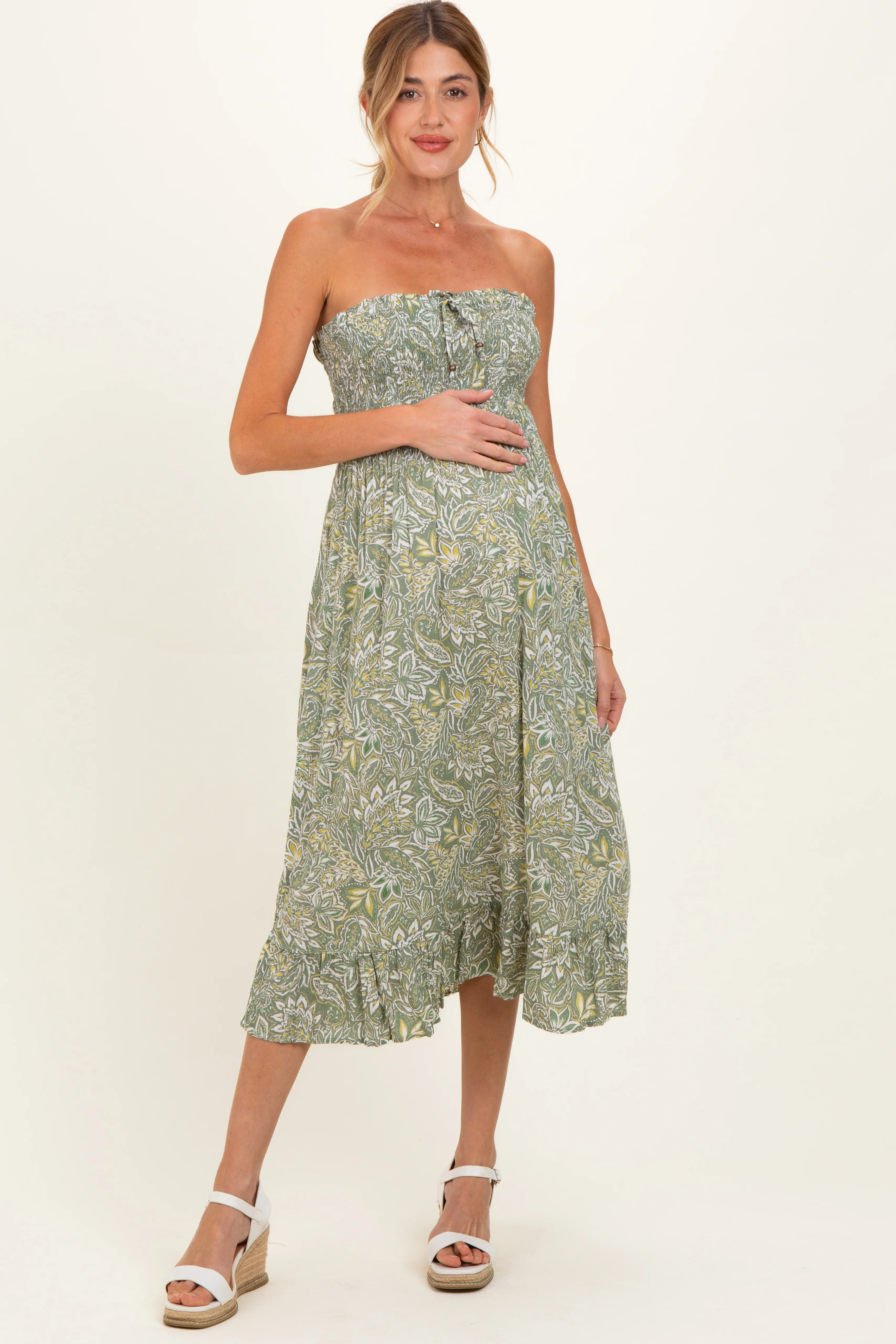 Green Floral Smocked Strapless Maternity Midi Dress