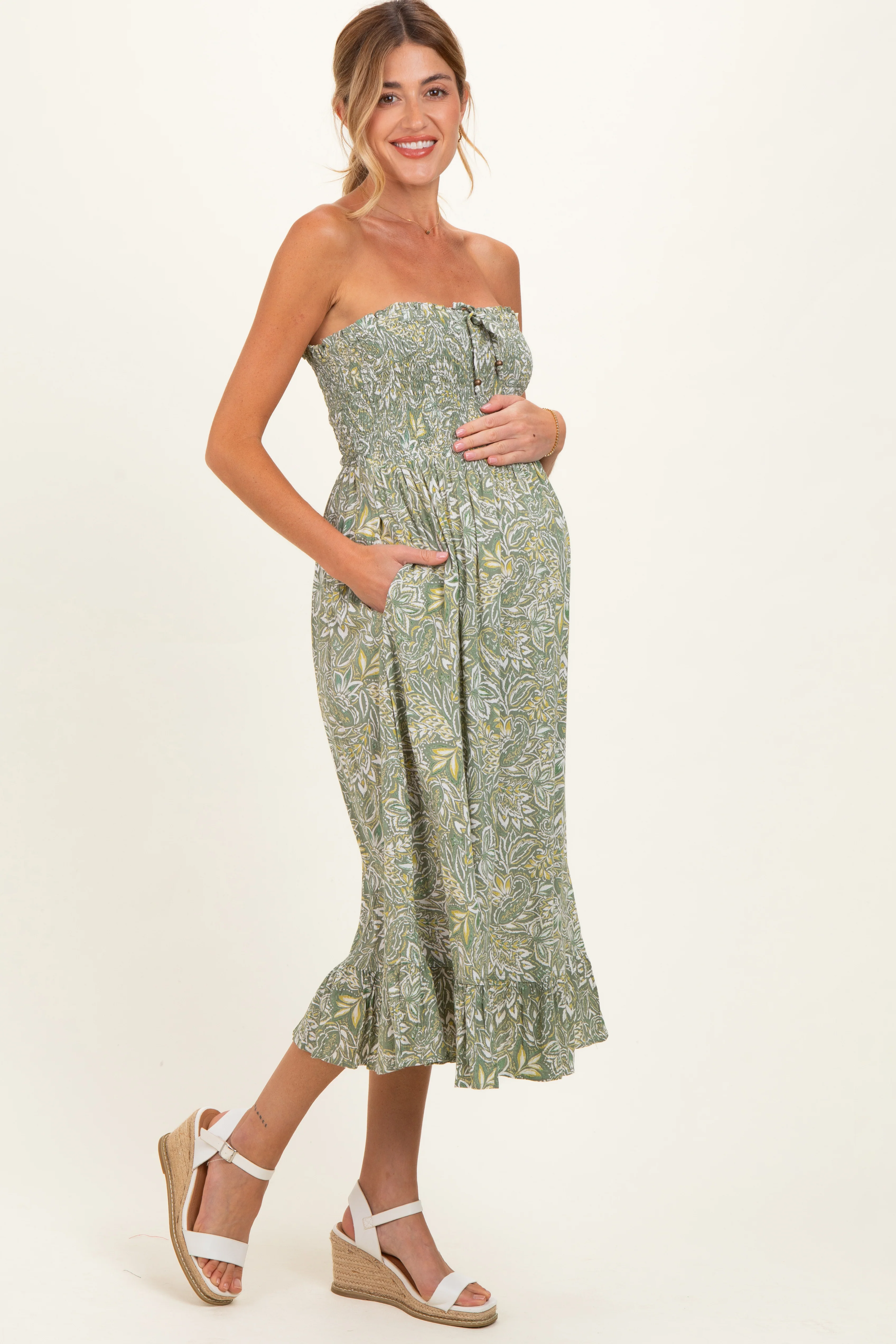 Green Floral Smocked Strapless Maternity Midi Dress - Image 2