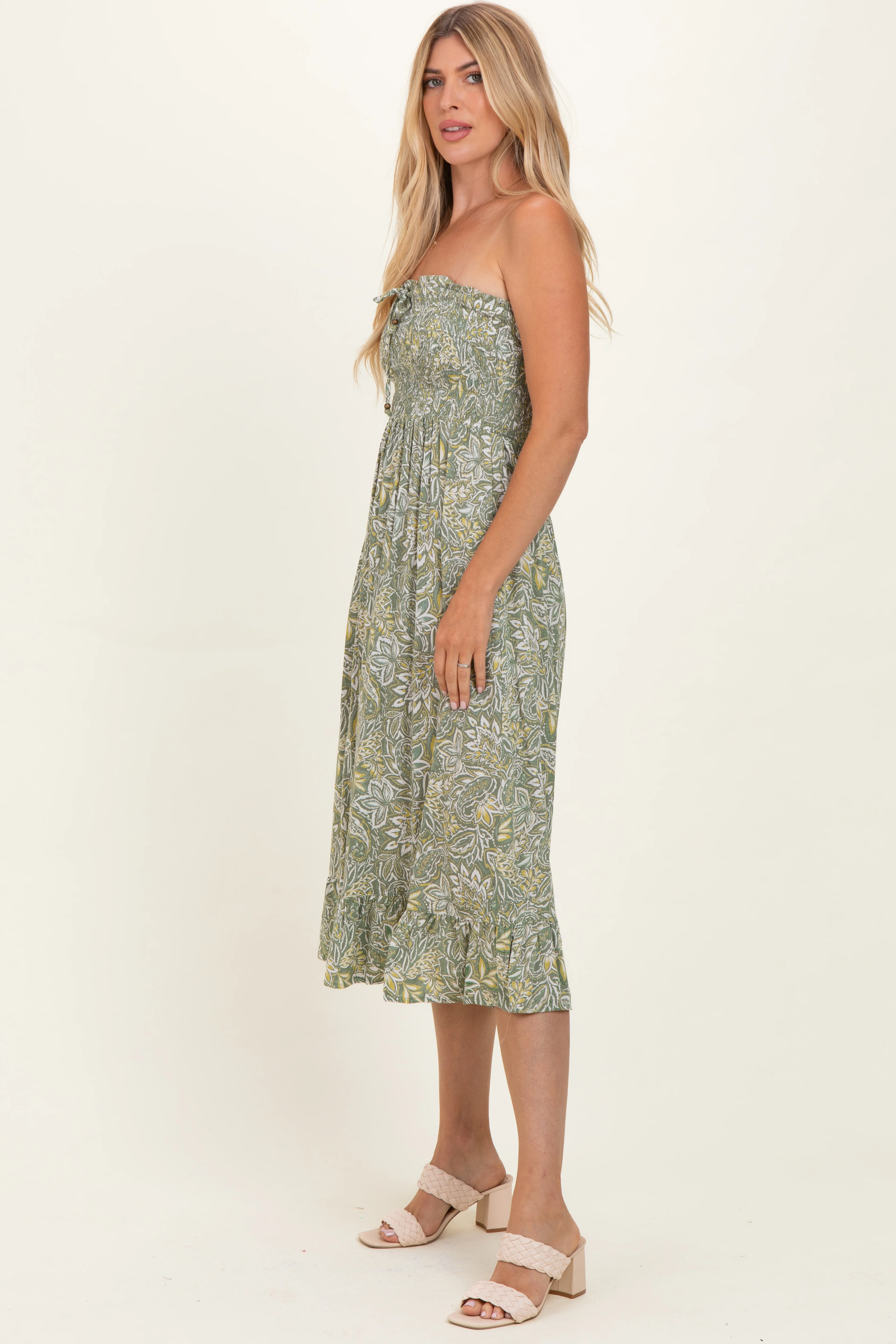Green Floral Smocked Strapless Midi Dress - Image 3