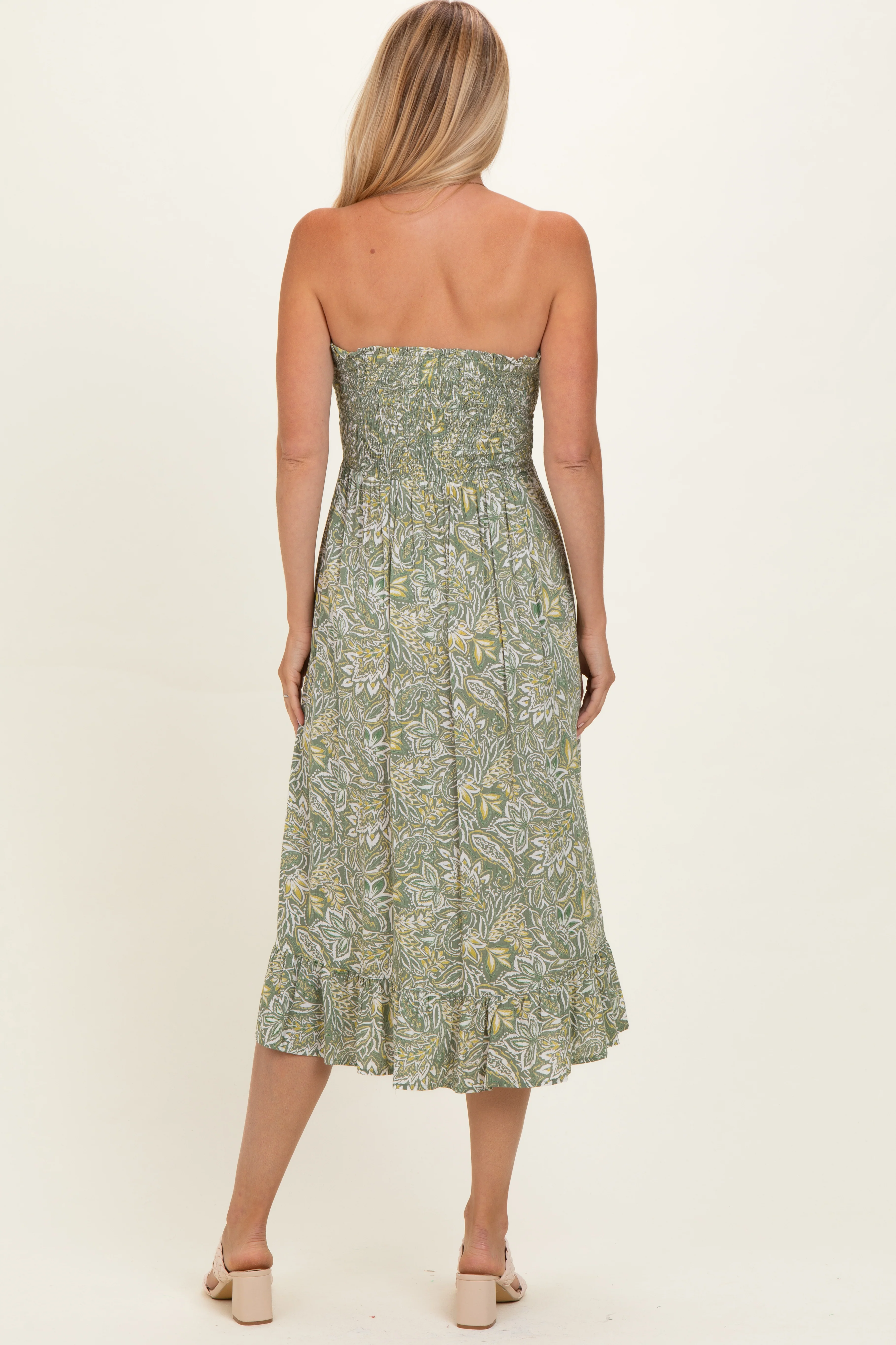 Green Floral Smocked Strapless Midi Dress - Image 4