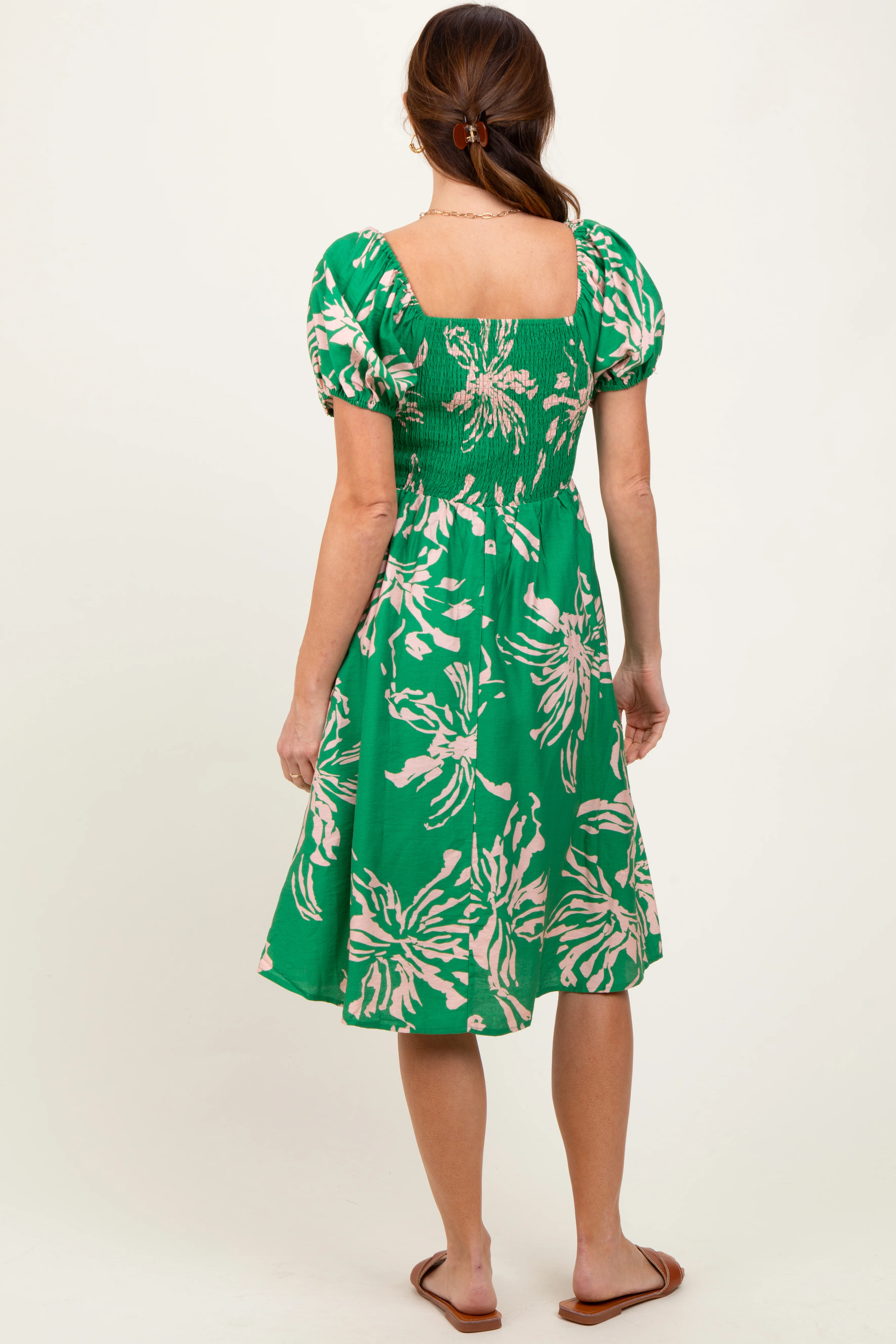 Green Floral Square Neck Short Sleeve Dress - Image 4