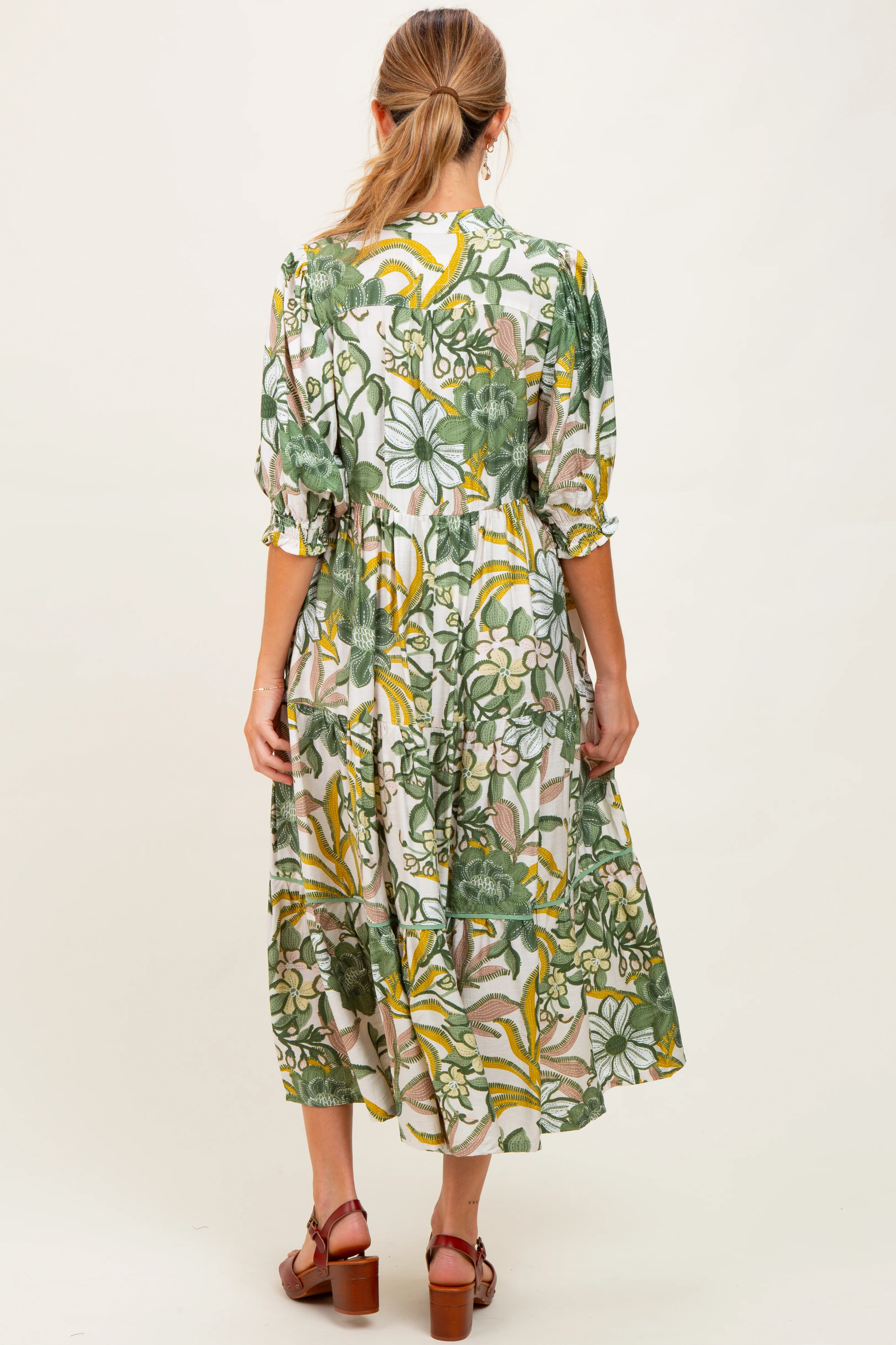 Green Floral Tiered Short Sleeve Maternity Midi Dress - Image 4