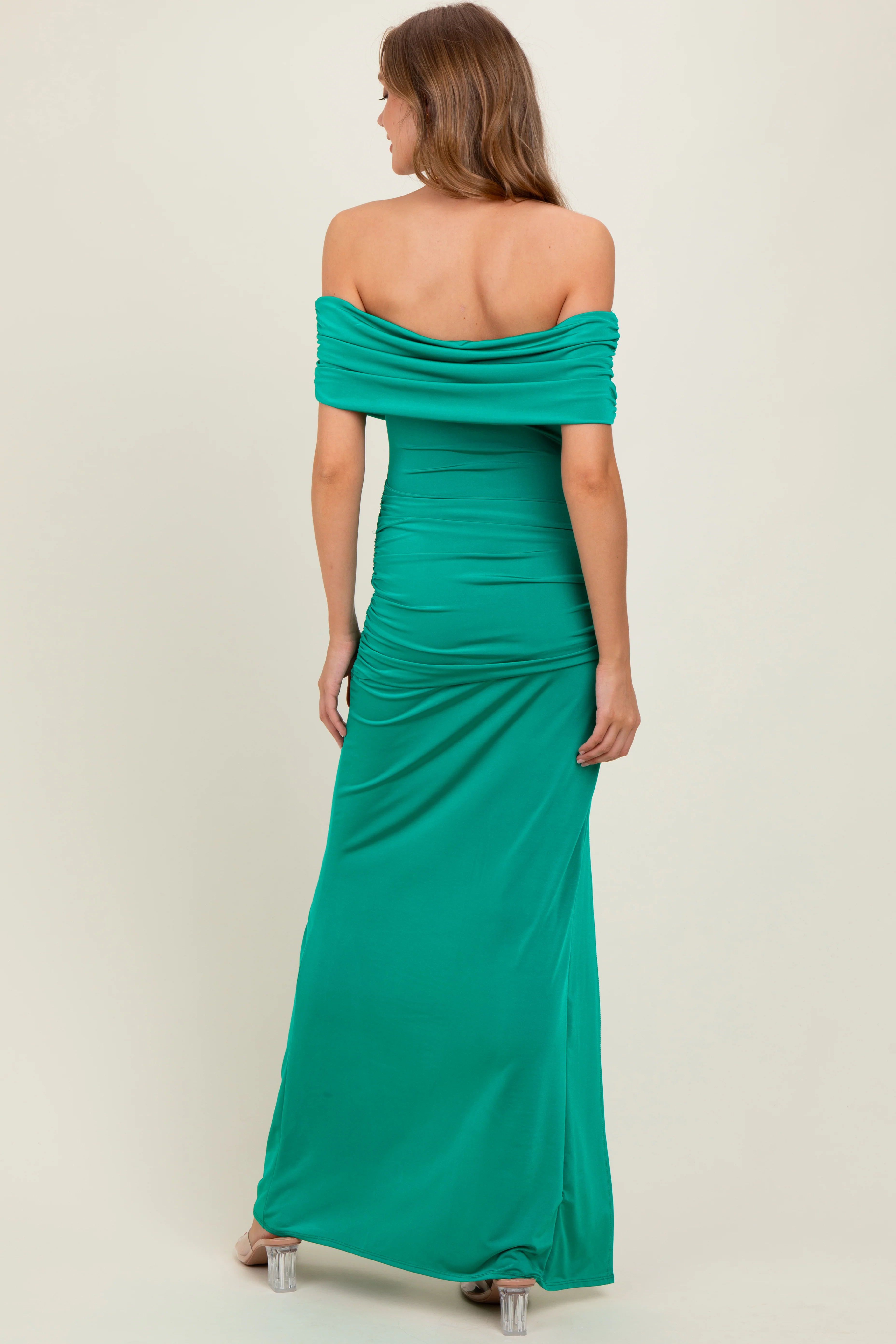 Green Foldover Off Shoulder Ruched High Slit Maxi Dress - Image 4
