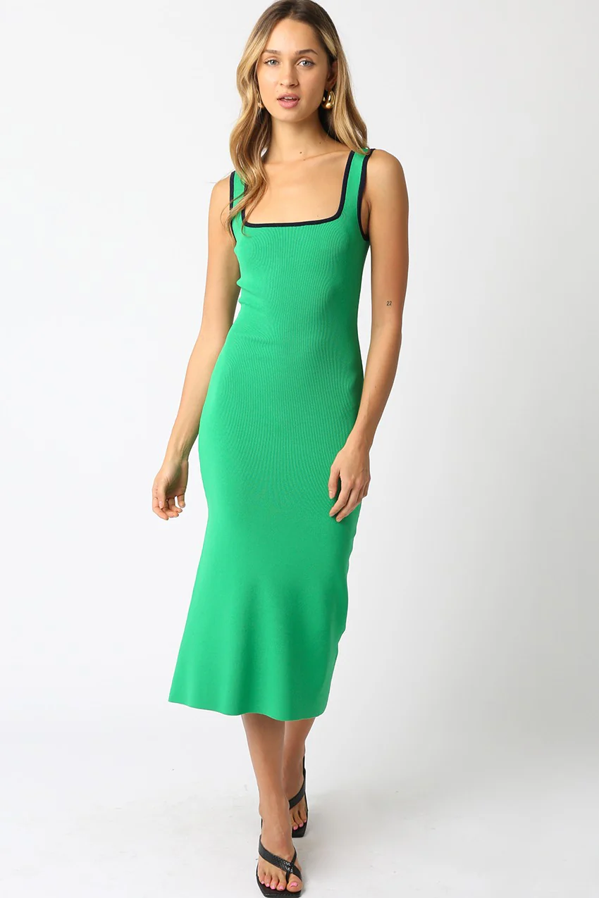 Green Knit Contrast Trim Square Neck Maternity Midi Dress - Image 4