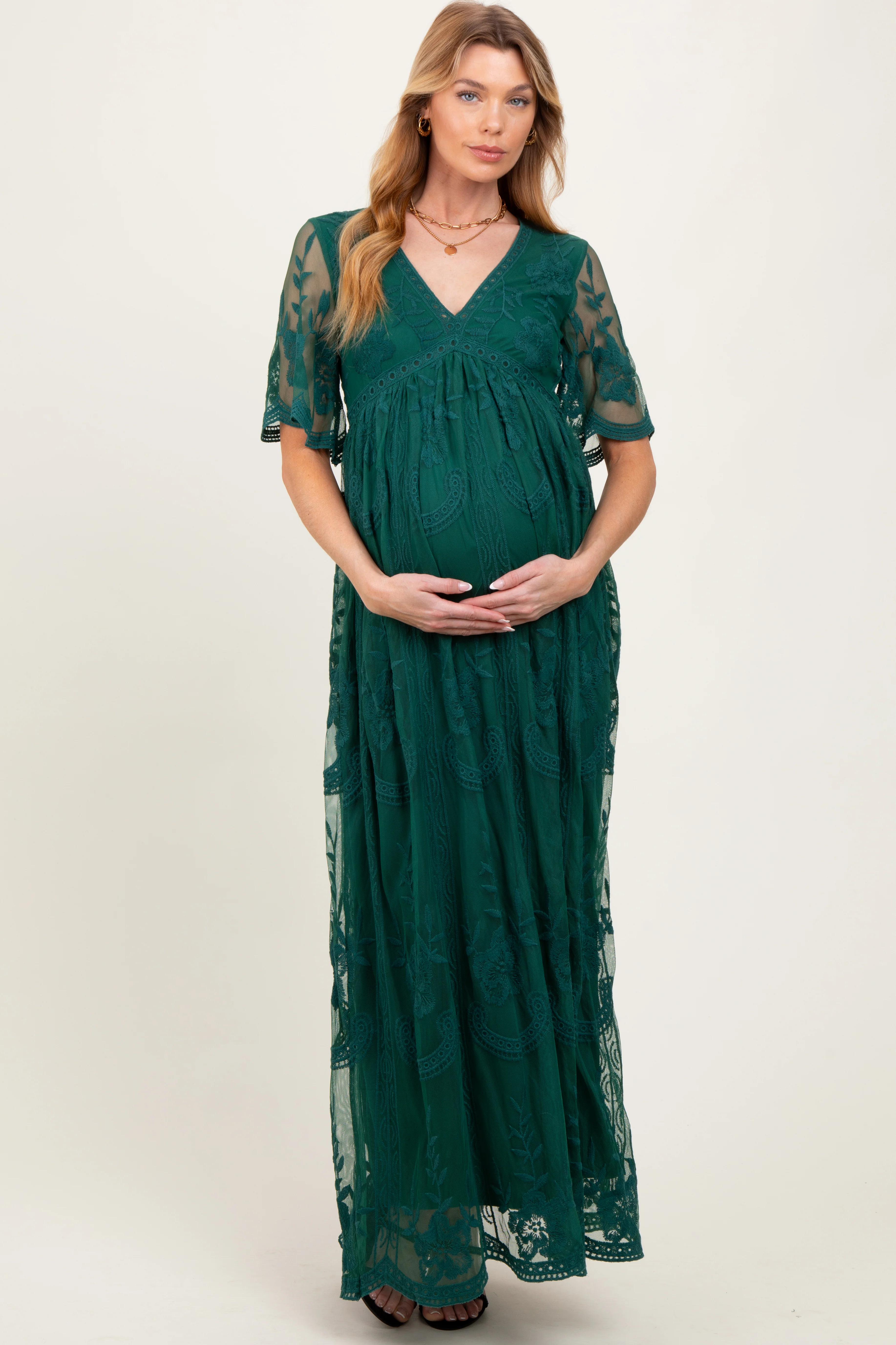Green Lace Mesh Overlay Maternity Maxi Dress - Image 3