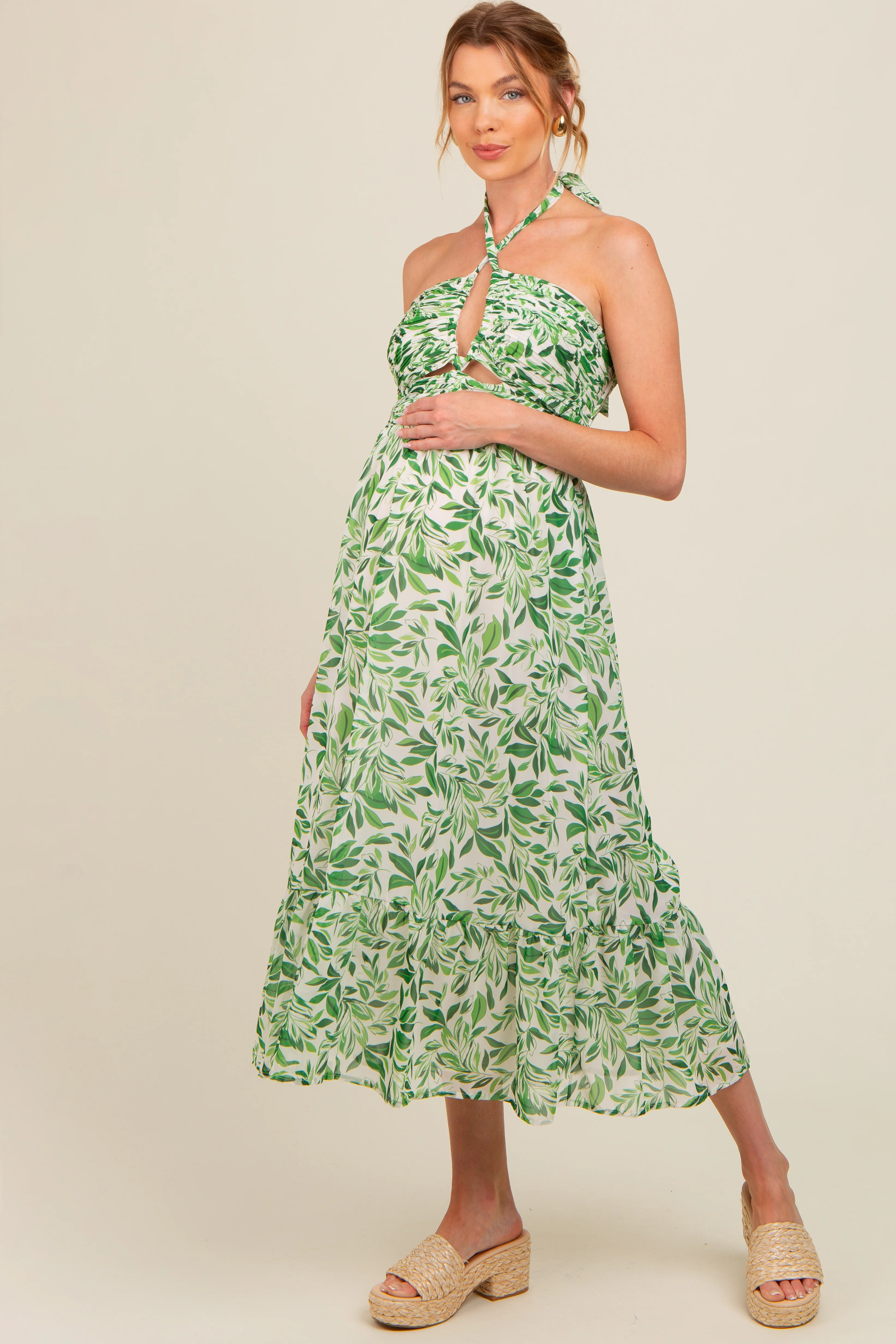 Green Leaf Print Halter Keyhole Maternity Midi Dress - Image 2