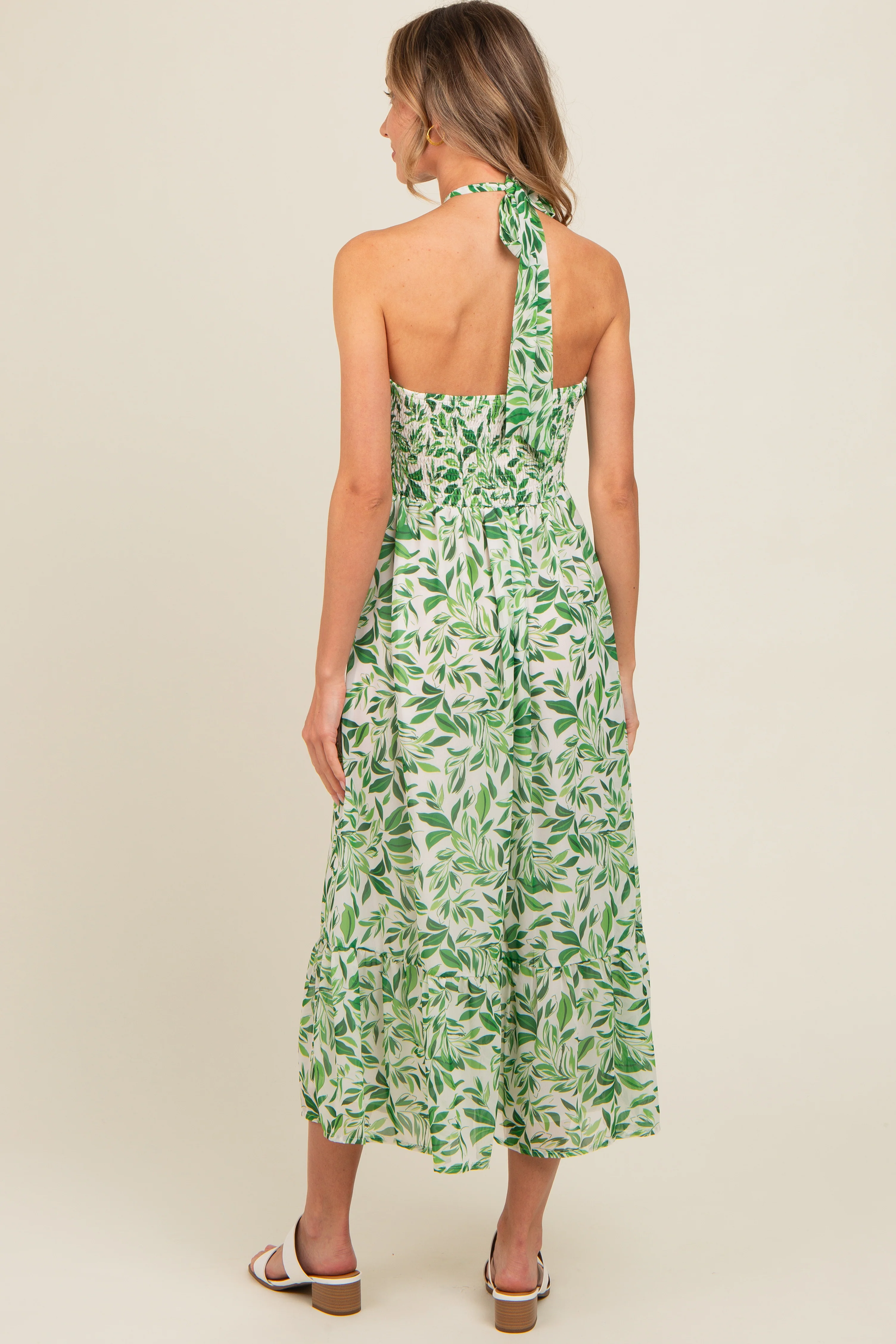 Green Leaf Print Halter Keyhole Midi Dress - Image 4