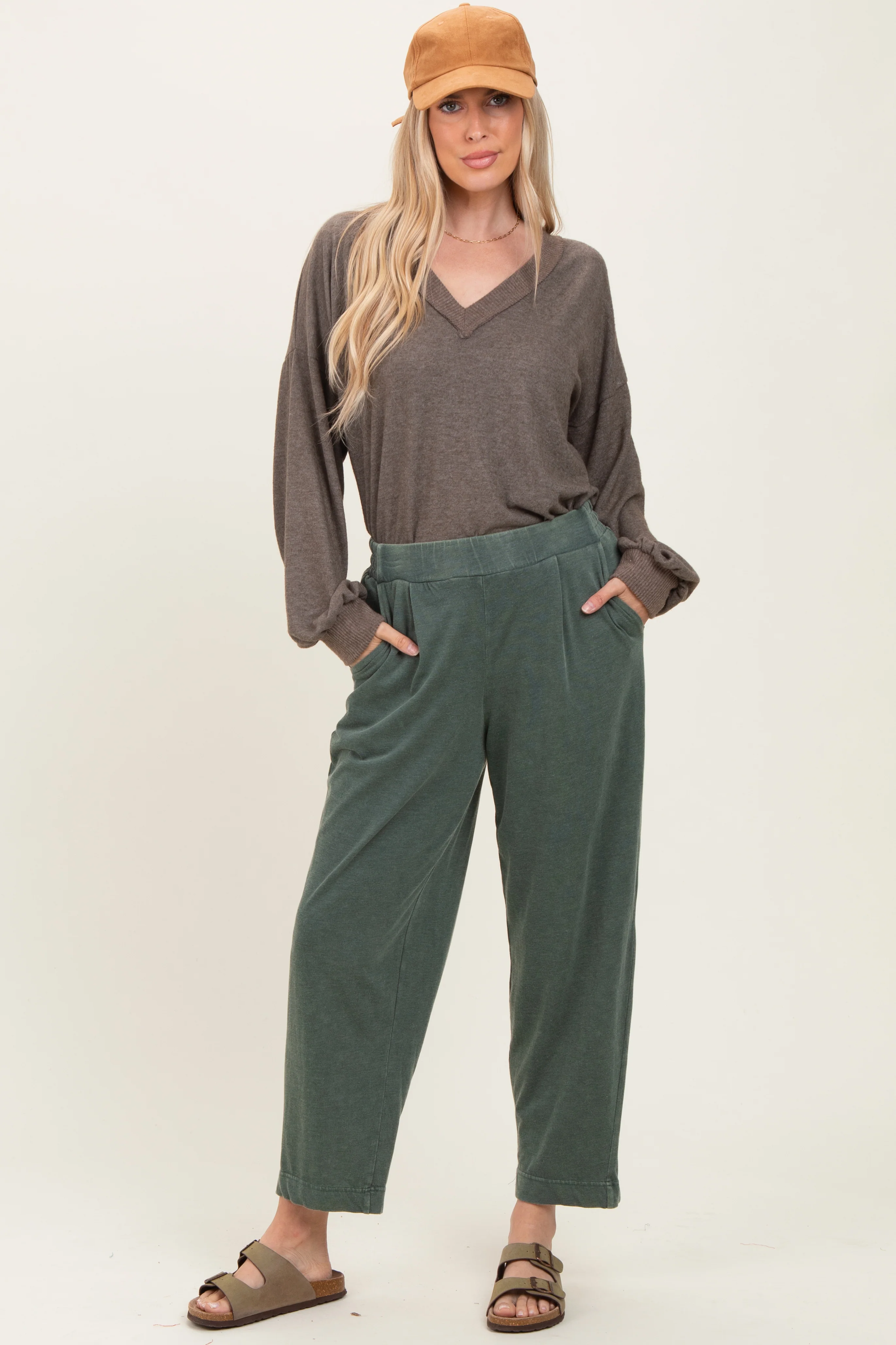 Green Mineral Wash Pleated Maternity Lounge Pants - Image 6